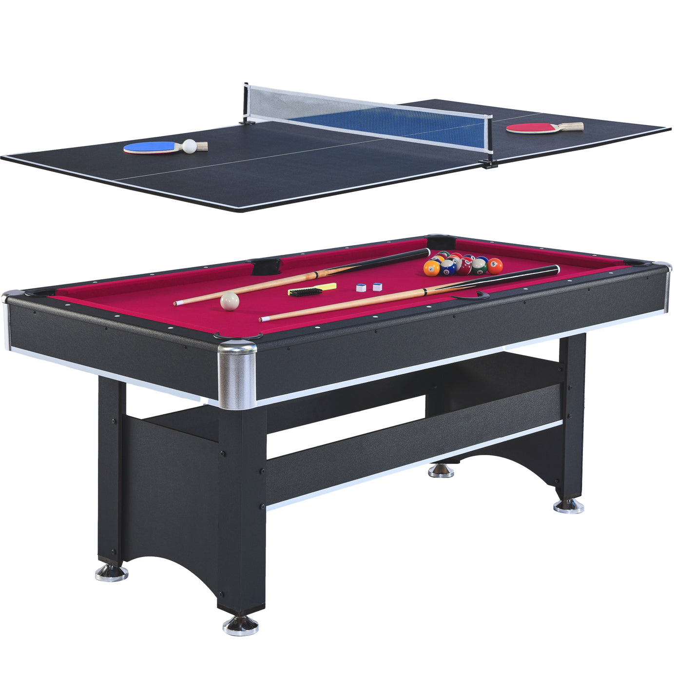 6-ft Pool Table with Table Tennis Top - Black with Red Felt--1