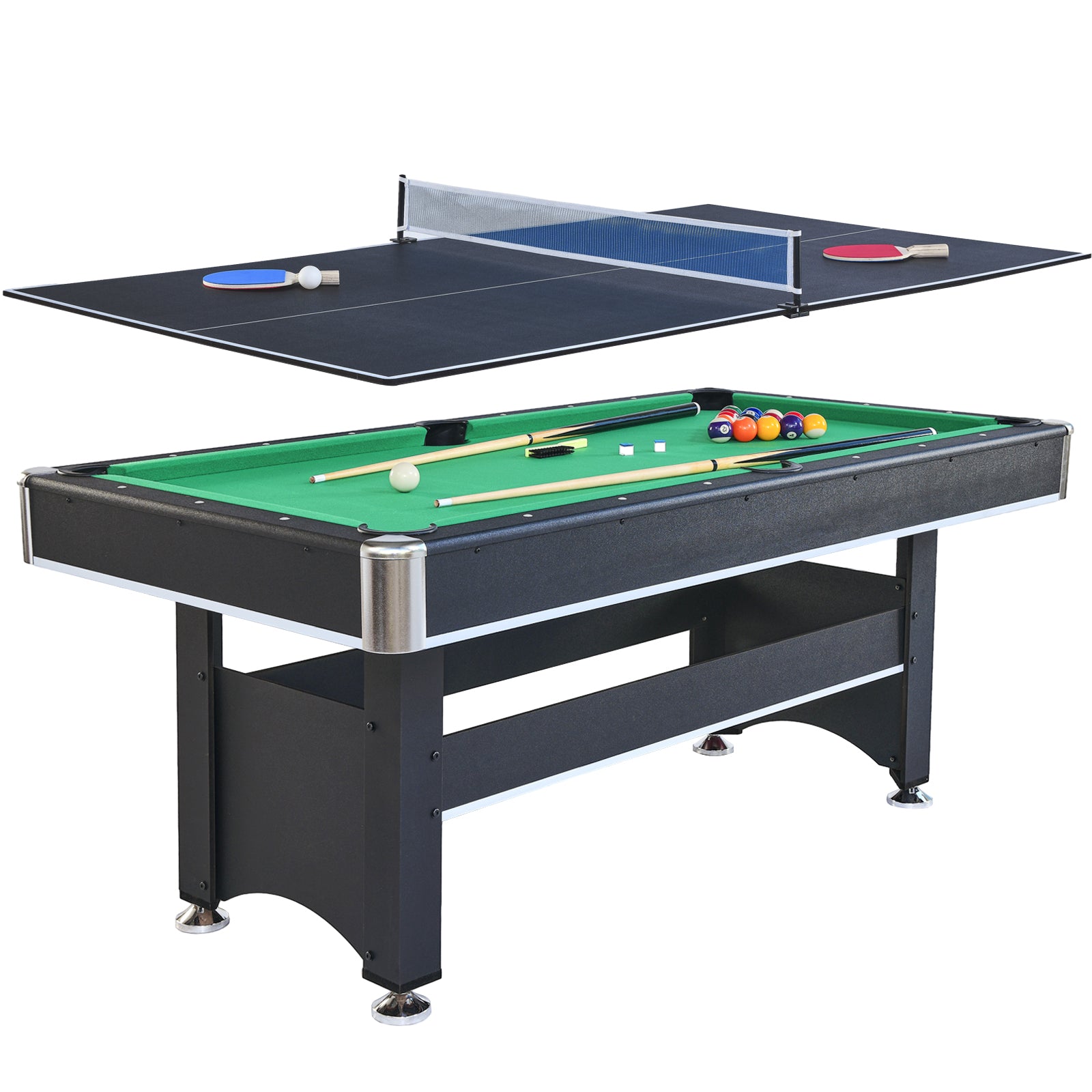 6-ft Pool Table with Table Tennis Top - Black with Green Felt--1