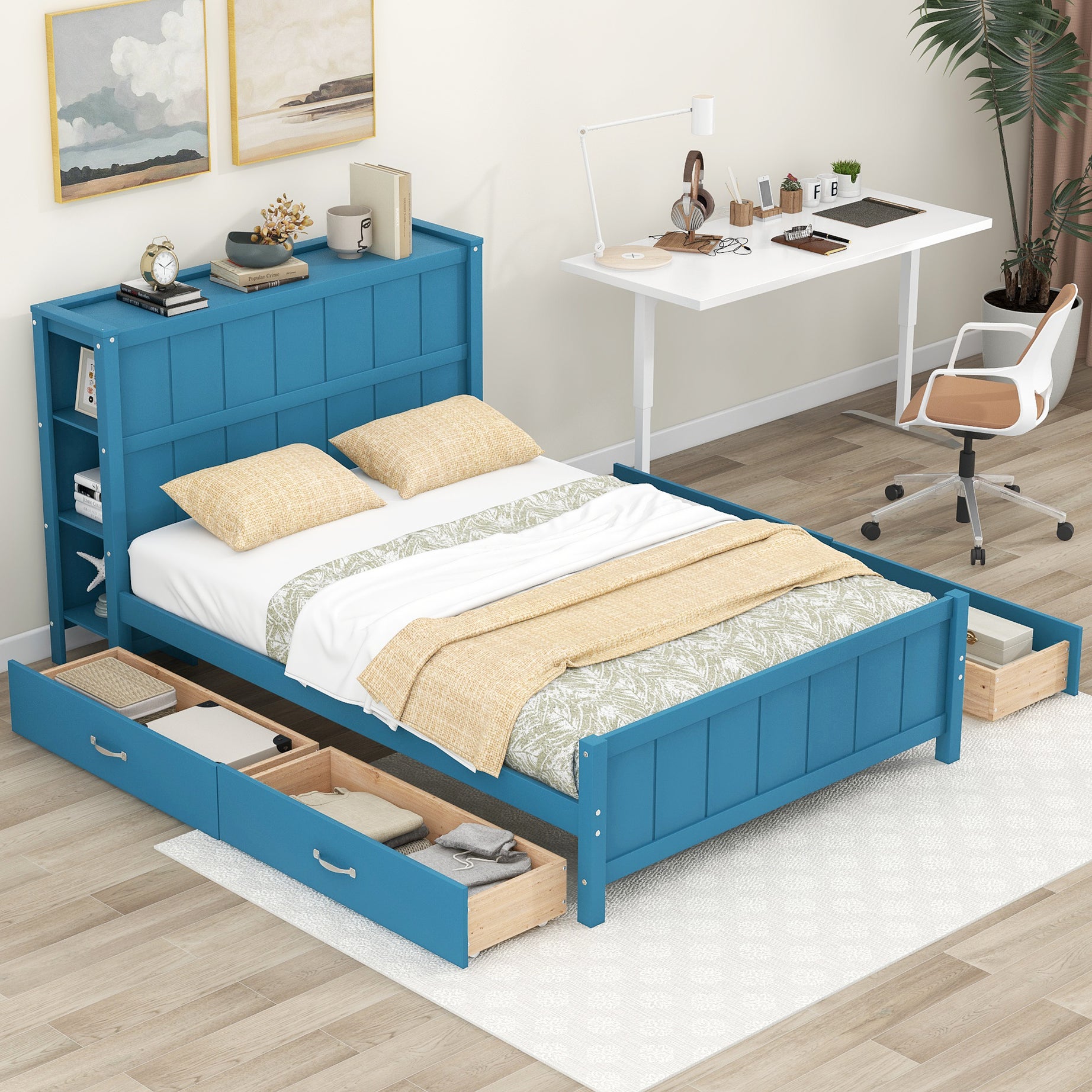 Full Size Platform Bed with Drawers and Storage Shelves, Blue--1