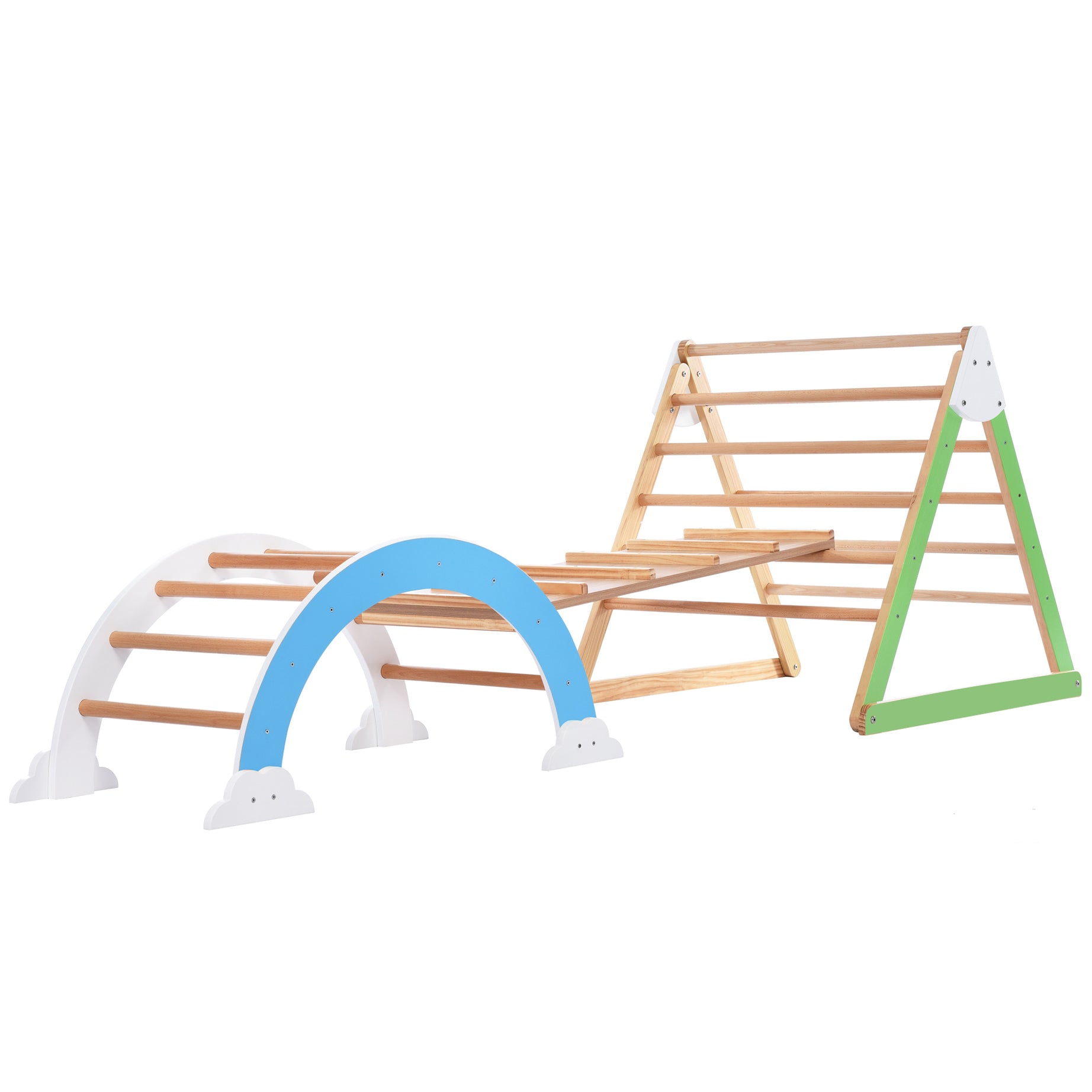 Wooden Climbing Triangle Toys - Indoor Arc Climber Jungle with Ramp and Arch Toy Rocker, Reversible Multifunction Playset Natural Wood Playground--1