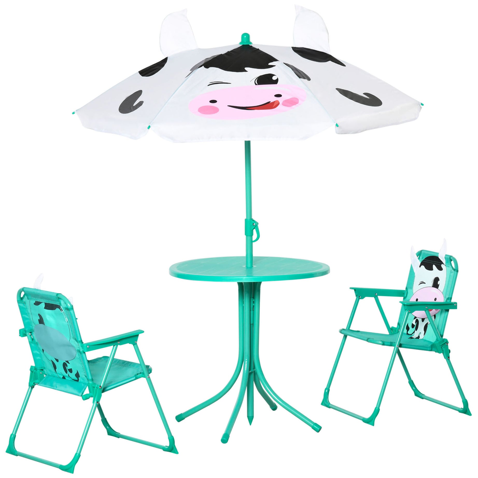 Kids Table and Chair Set, Outdoor Folding Garden Furniture, Picnic Table for Patio Backyard, with Dairy Cow Pattern, Removable & Height Adjustable Sun Umbrella, Aged 3-6 Years Old,White--1