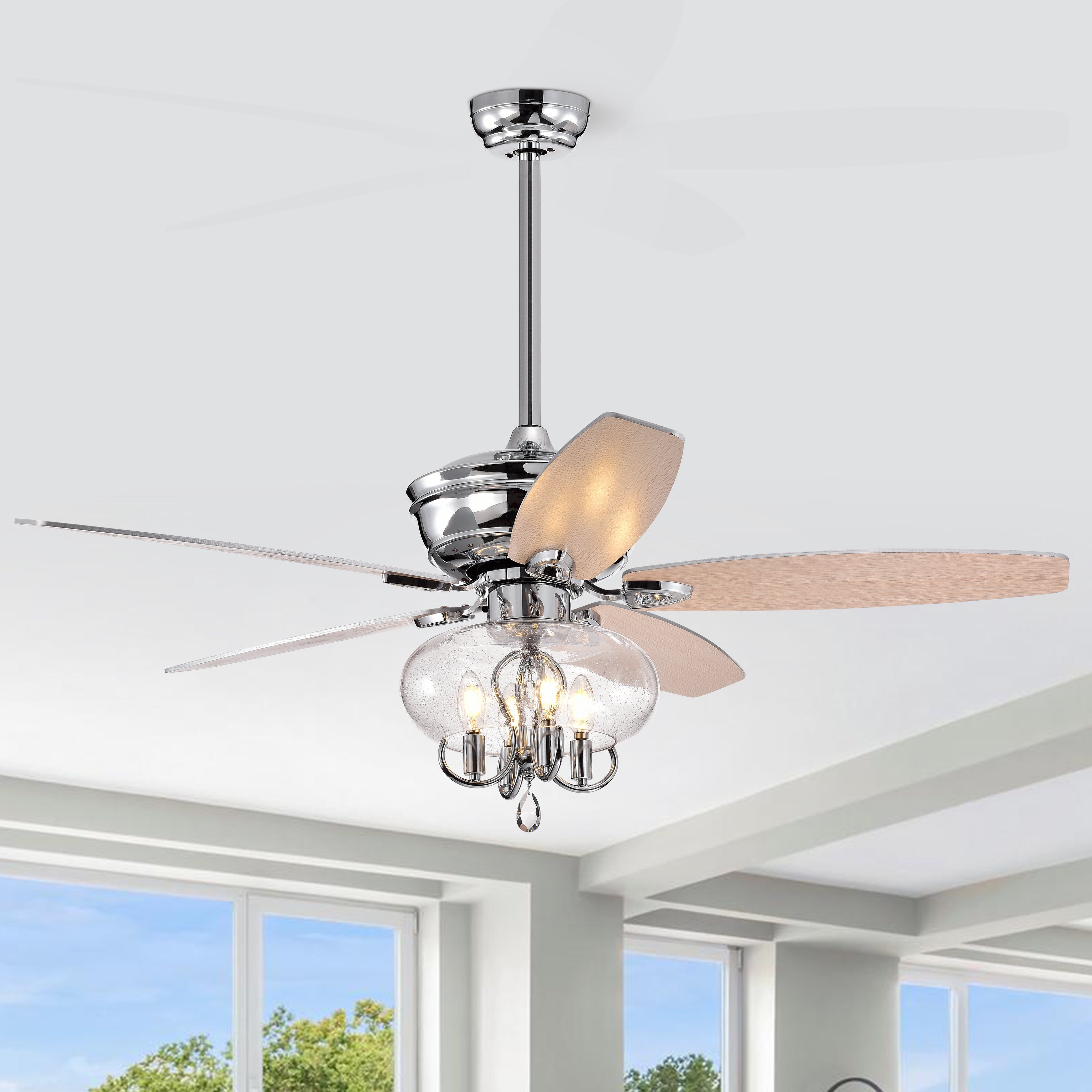 52" Crystal  Chandelier Fan with Remote, Classic, Glam, Traditional, Transitional for Home, Kitchen, Dining Room, Guest Room, Living Room, Chrome--1