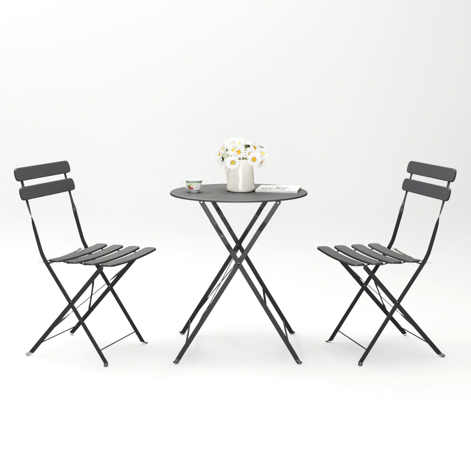 3 Pieces Patio Bistro Balcony Metail Chair Table Set-Gray--1