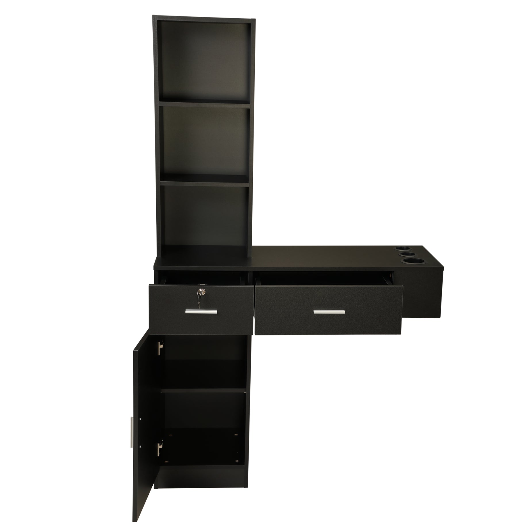 Wall Mount Hair Styling Barber Station Beauty Hair Salon Spa Equipment Set W/ 3-Tier Shelf, Lockable Drawer, Black--1