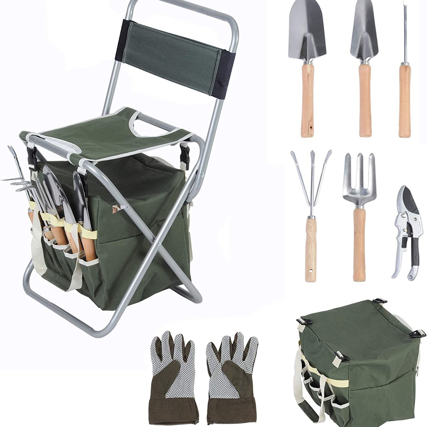 9 PCS Garden Tools Set Ergonomic Wooden Handle Sturdy Stool with Detachable Tool Kit Perfect for Different Kinds of Gardening--1