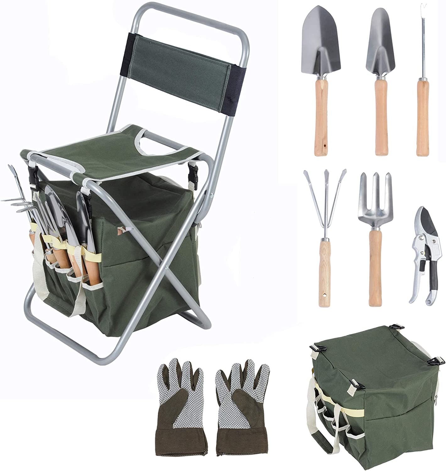 9 PCS Garden Tools Set Ergonomic Wooden Handle Sturdy Stool with Detachable Tool Kit Perfect for Different Kinds of Gardening--1