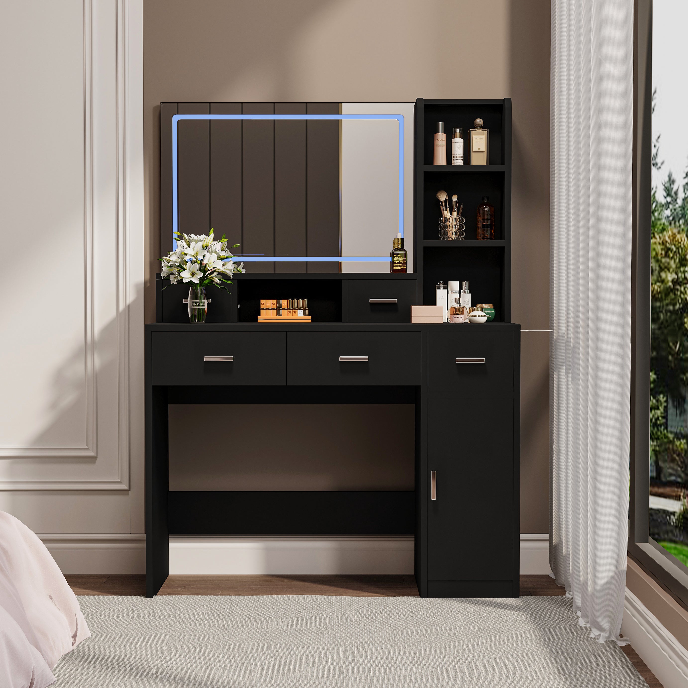 Newly designed smart mirror dressing table with drawers and storage cabinet, dressing table with dressing pad for bedroom, dressing room--1