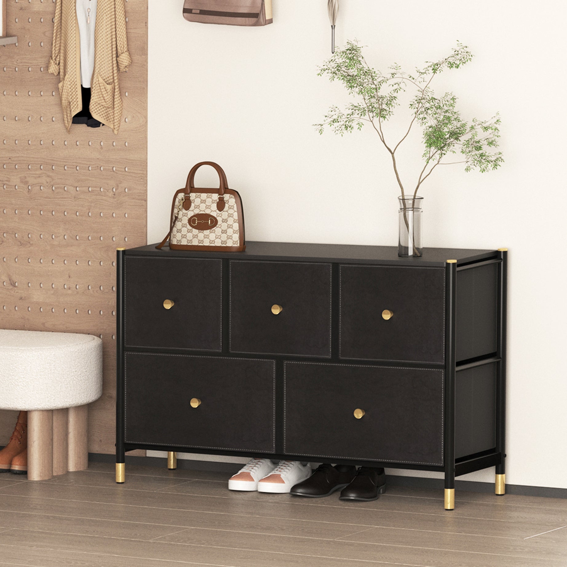 Drawer Dresser cabinet ,all Dresser with 5 PU Leather Front Drawers, Storage Tower with Fabric Bins, Double Dresser, Chest of Drawers for Closet, Living Room, Hallway, Children's Room, color:Black--1