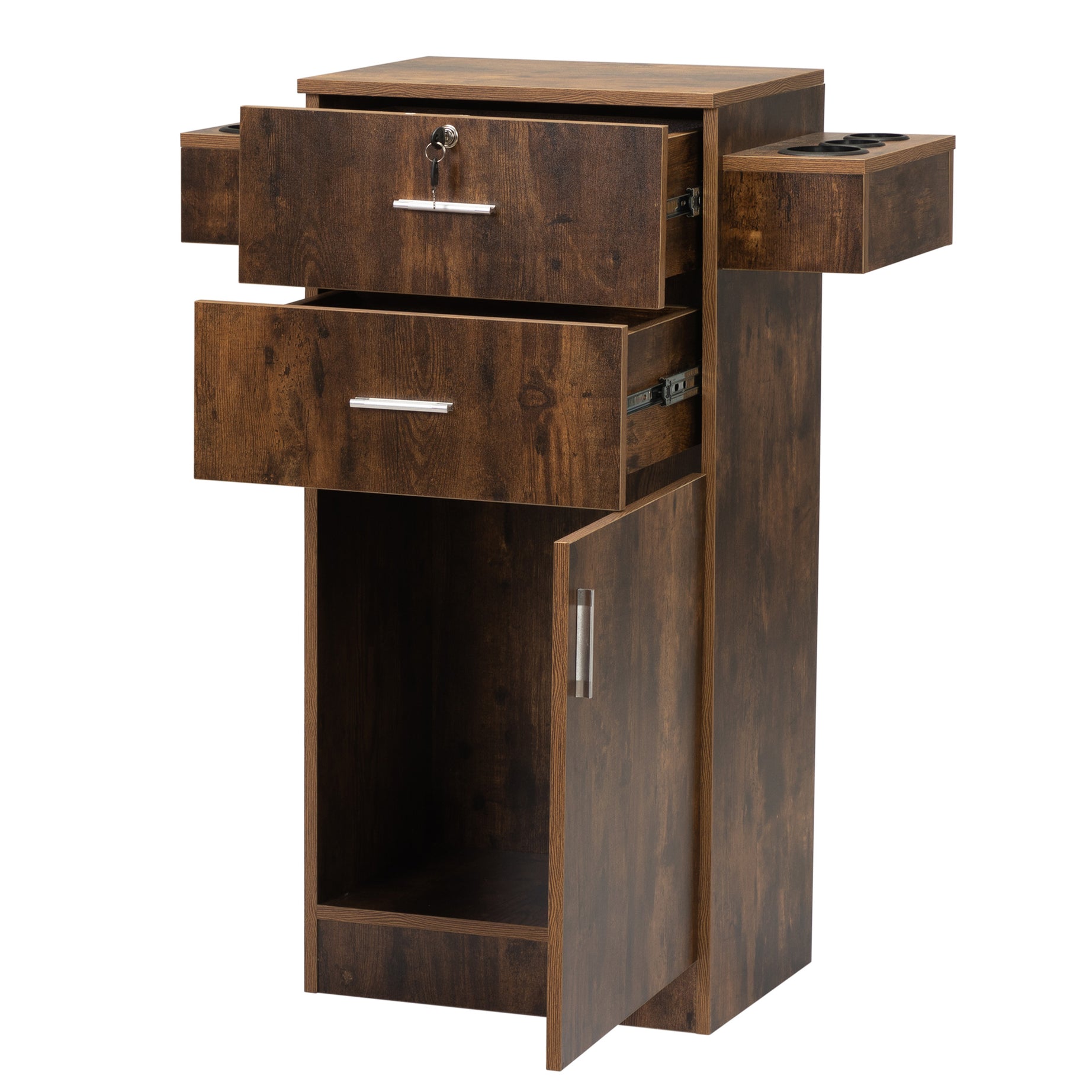 Locking Beauty Salon Station, Hair Styling Barber Station, Spa Salon Equipment with Small Cabinet, Pull-out Drawers, Dryer Holders, Rustic Brown--1