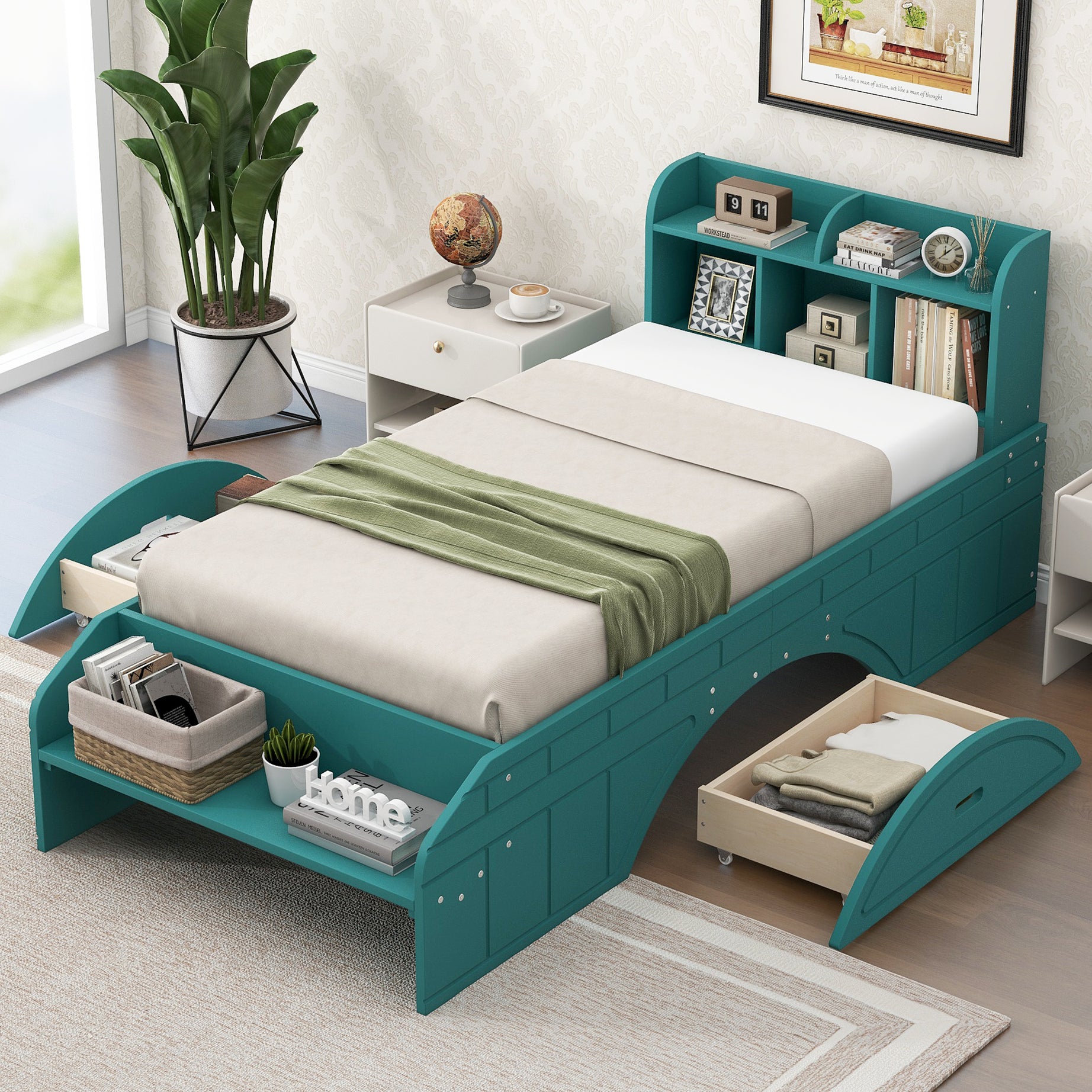 Wood Twin Size Platform Bed with 2 Drawers, Storage  Headboard and Footboard, Dark Green--1