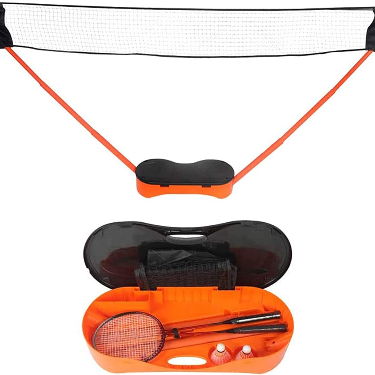 Portable Badminton Net Set Storage Box Base with 2 Battledores 2 Shuttlecocks Large, Orange--1