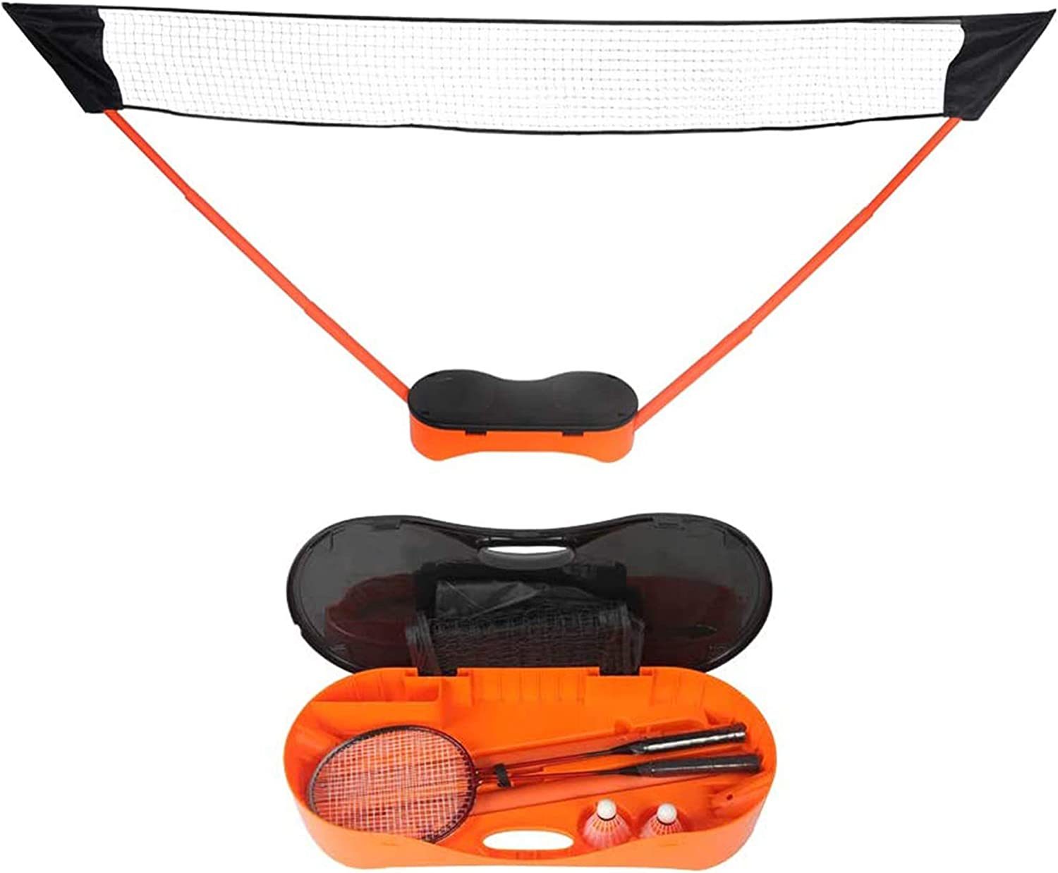 Portable Badminton Net Set Storage Box Base with 2 Battledores 2 Shuttlecocks Large, Orange--1