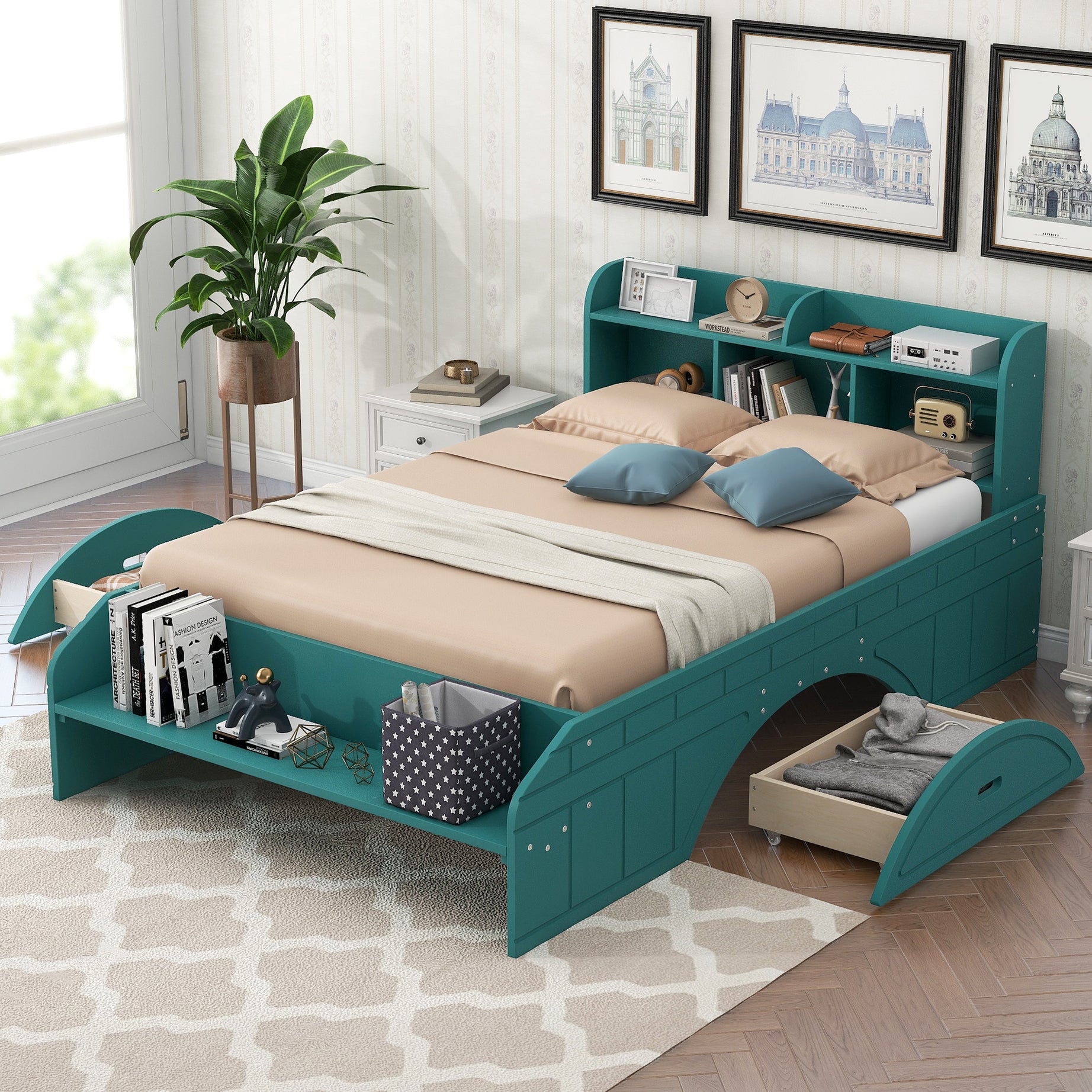 Wood Full Size Platform Bed with 2 Drawers, Storage  Headboard and Footboard, Dark Green--1