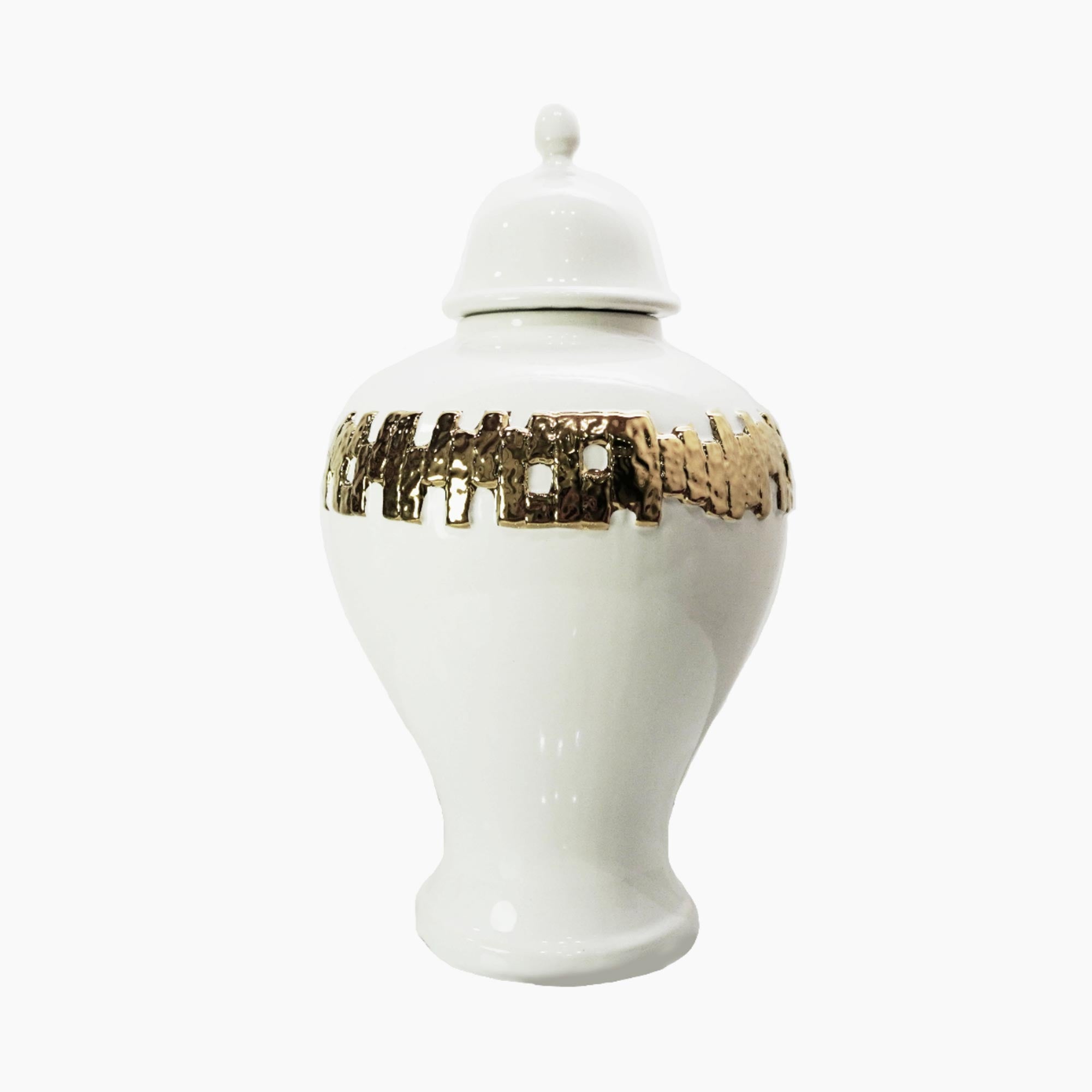 White Ginger Jar with Gold Ornament--1