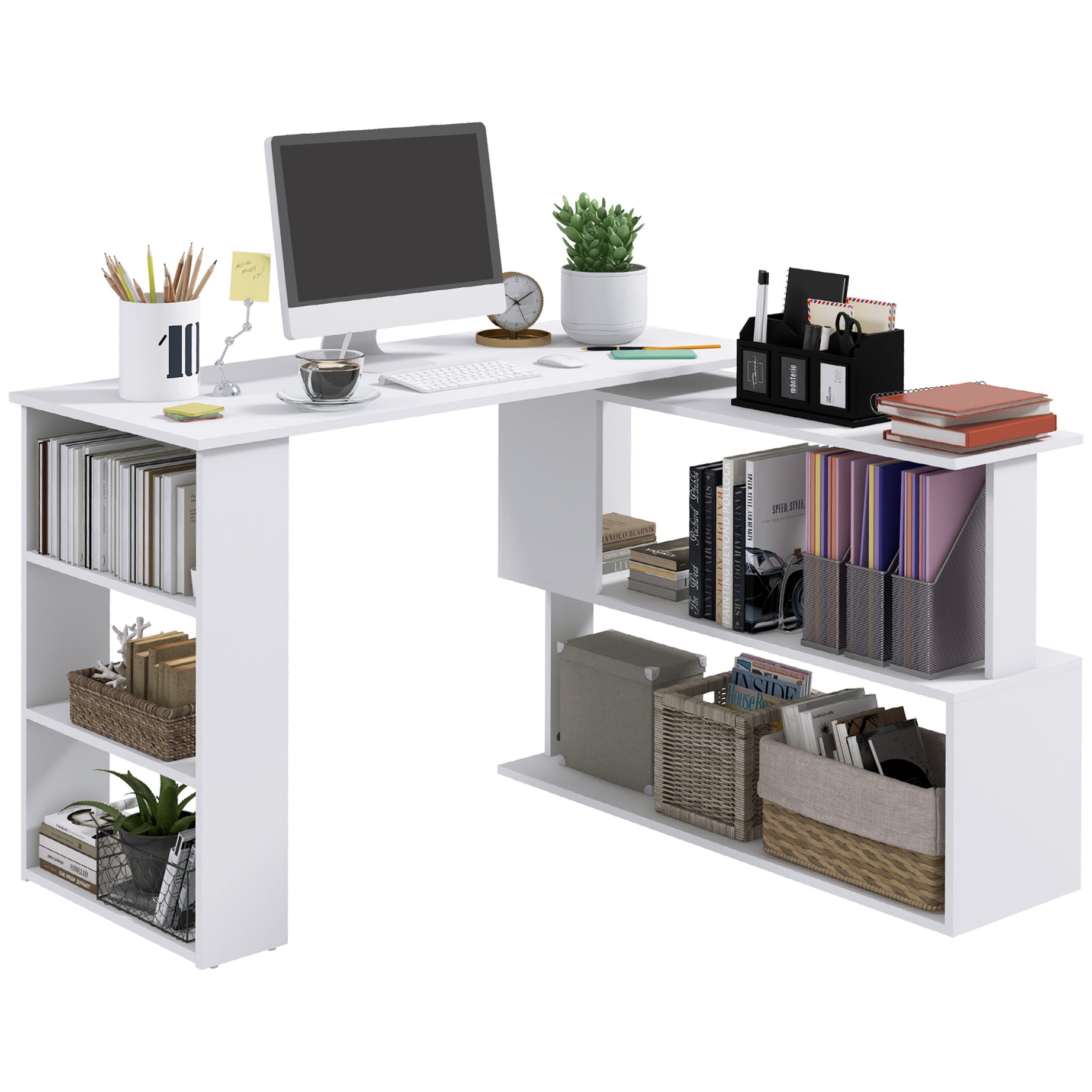 L Shaped Corner Desk, 360 Degree Rotating Home Office Desk with Storage Shelves, Writing Table Workstation, White--1