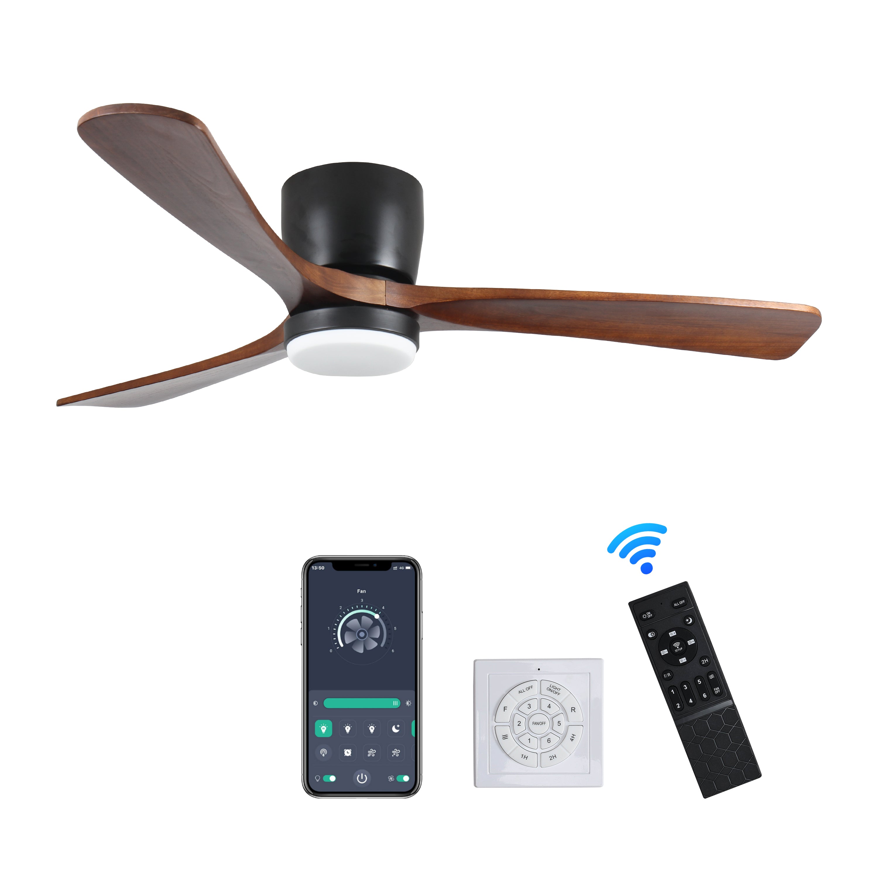 42 inch Black Wood Ceiling Fans with Lights and Remote, Modern Flush Mount Low Profile Ceiling Fan with Light, 6 Speed, Reversible DC Motor, for Bedroom/Outdoor/Farmhouse/Patios--1