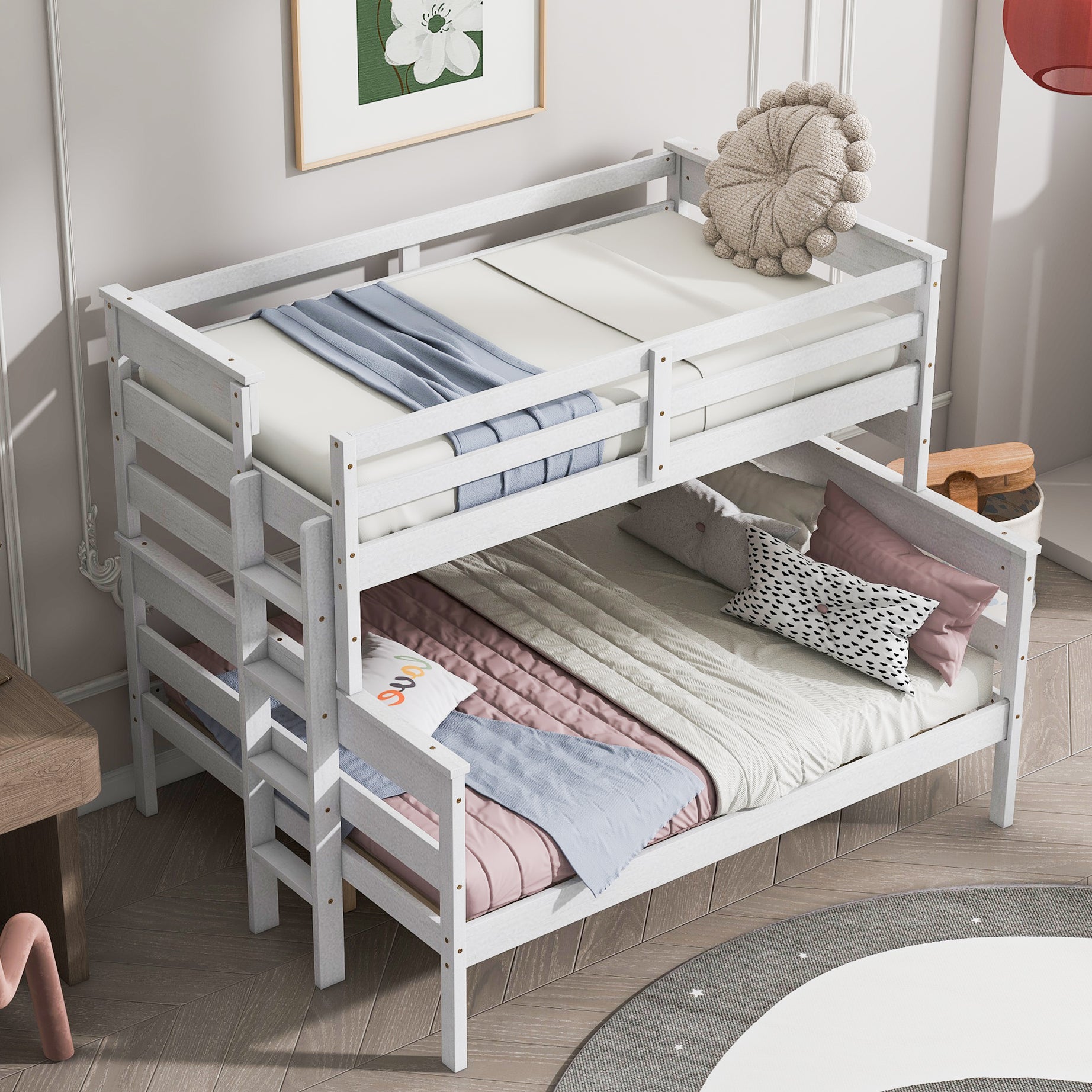 Wood Twin over Full Bunk Bed with Ladder, White--1