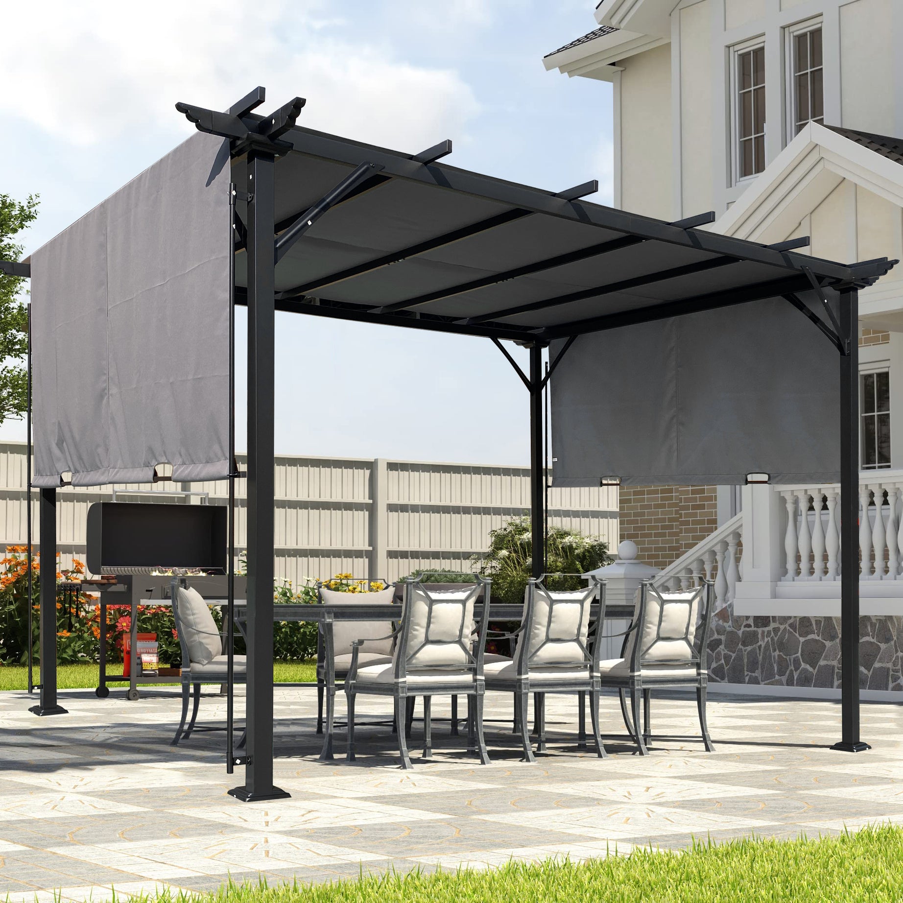 9.5 x 12 Ft Outdoor Pergola Patio Gazebo,Retractable Shade Canopy,Steel  Frame Grape Gazebo,Sunshelter Pergola for Gardens,Terraces,Backyard-Grey--1