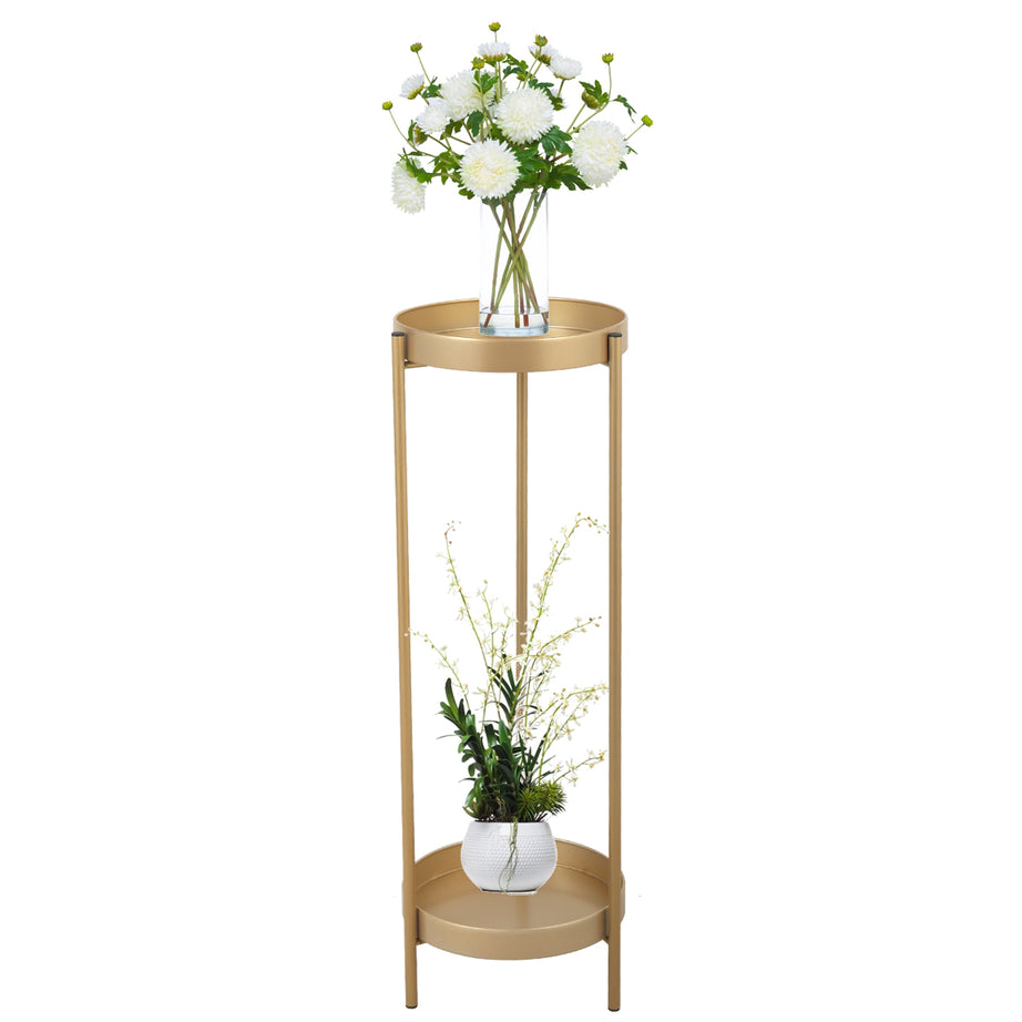 Modern Folding Metal 2-Tier Plant Stand Potted Plant Holder Shelf with 2 Round Trays Indoor Outdoor, Versatile, Golden--1