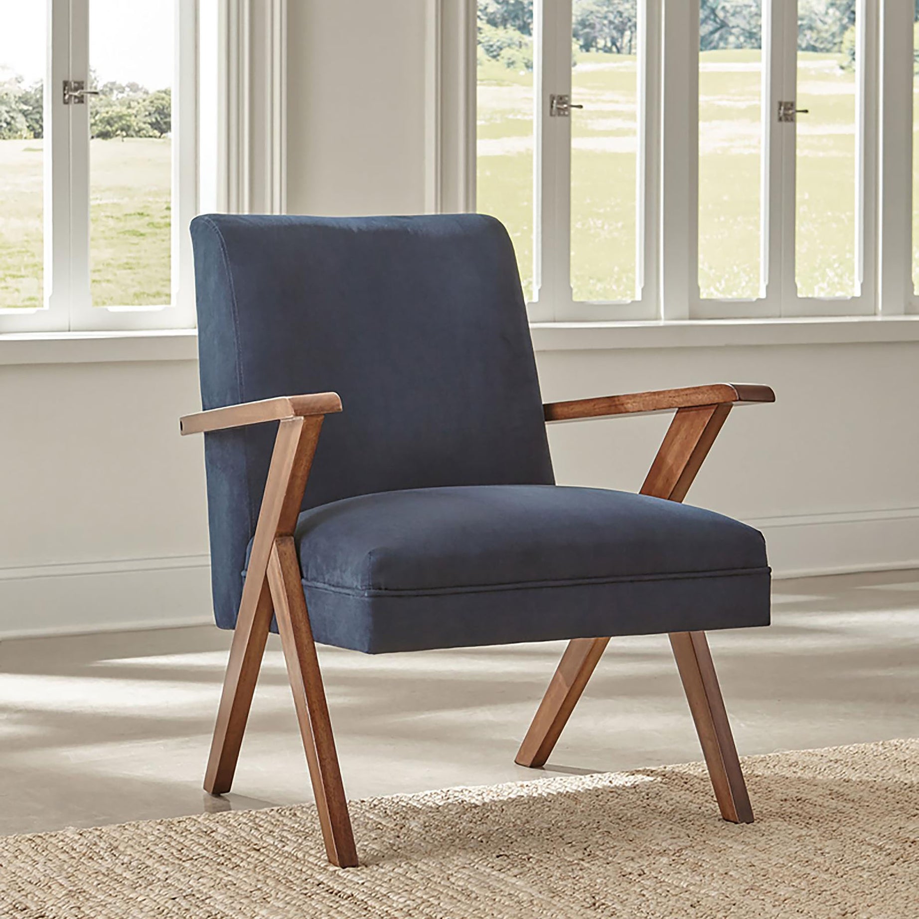 Dark Blue and Walnut Wooden Arms Accent Chair--1