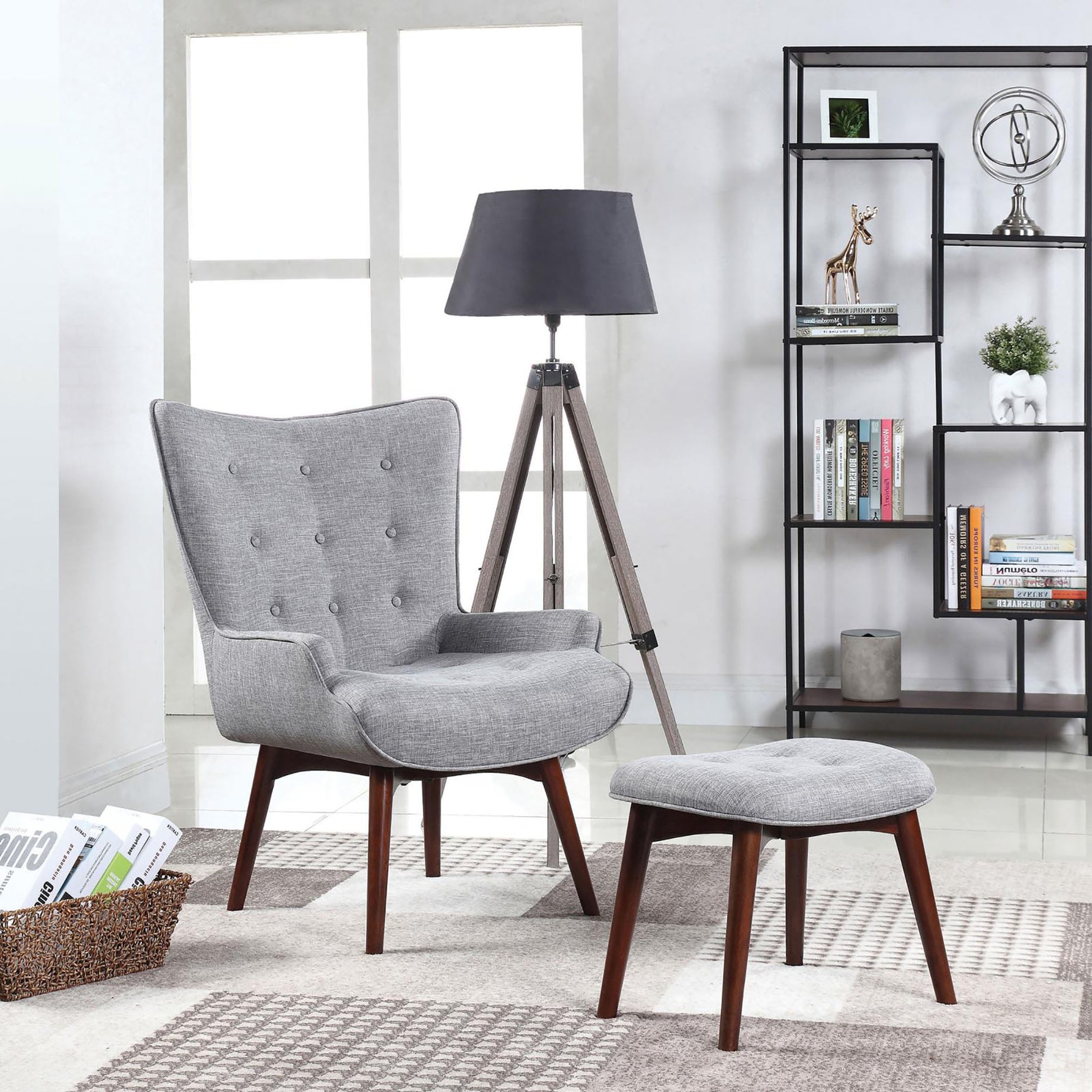 Grey and Brown Tufted Accent Chair with Ottoman--1