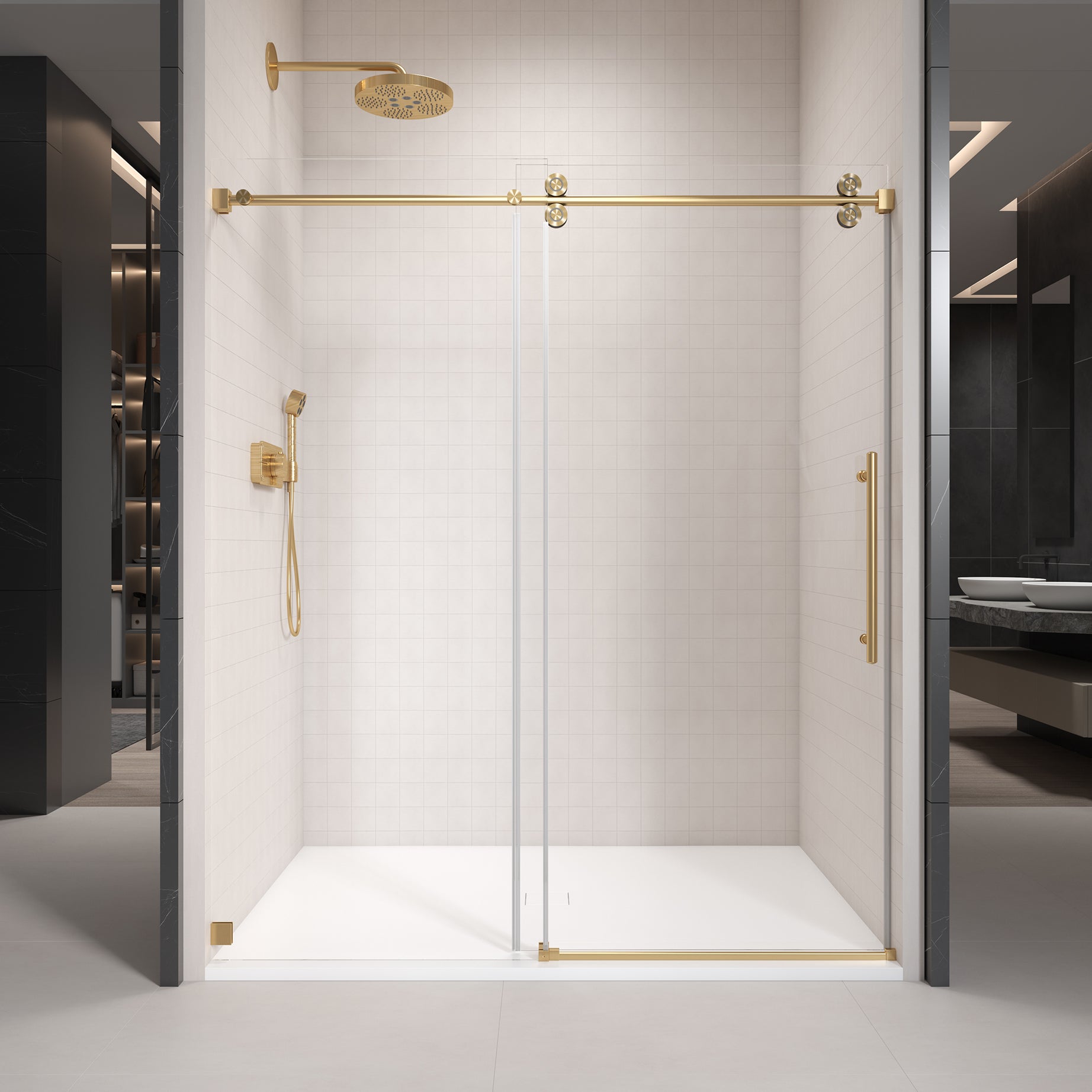 62'' - 66'' W x 76'' H Single Sliding Frameless Shower Door With 3/8 Inch (10mm) Clear Glass in Brushed Gold--1