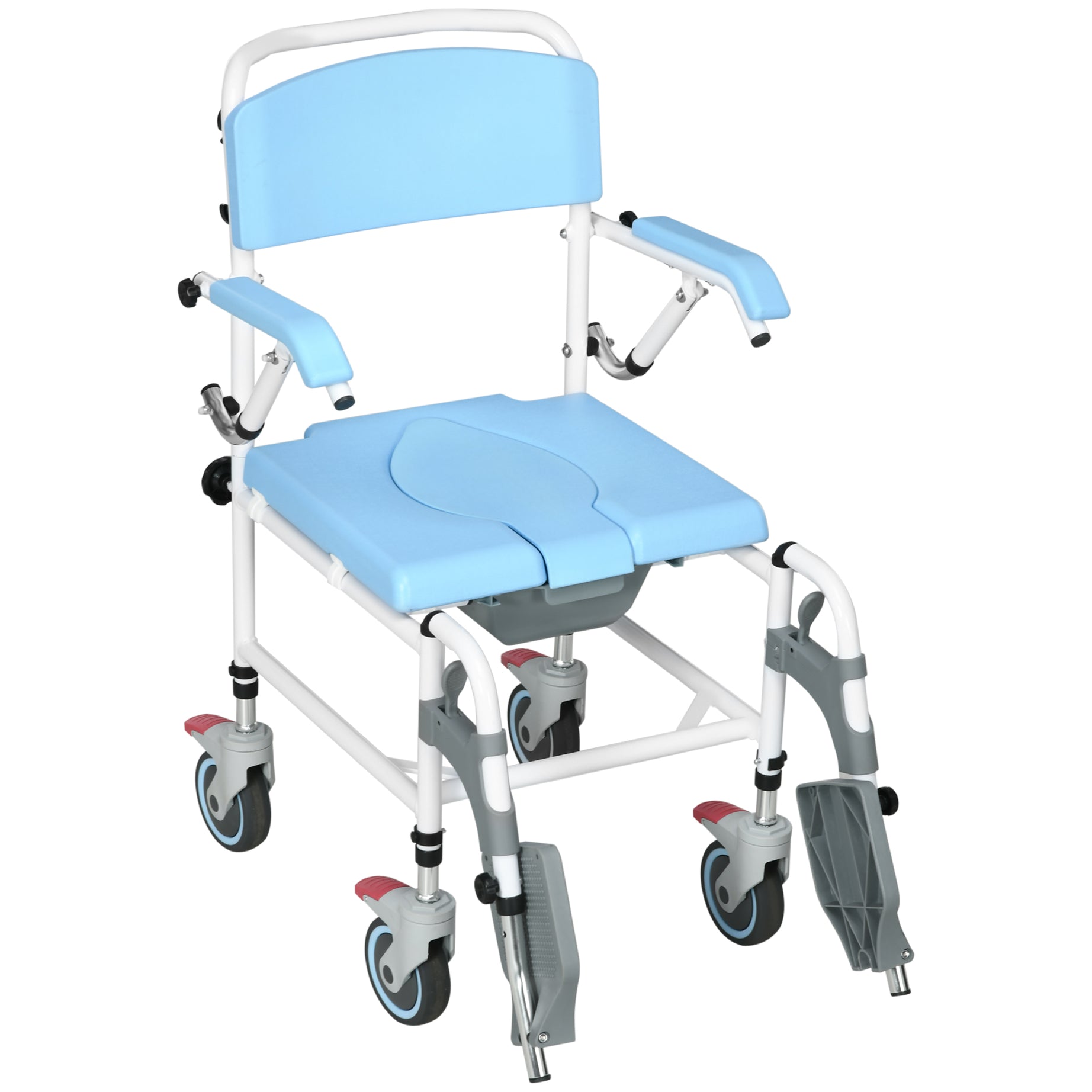 Accessibility Commode Wheelchair, Rolling Shower Wheelchair with 4 Castor Wheels, Rectangle Detachable Bucket, & Waterproof Design, 17" Seat Width, Blue--1