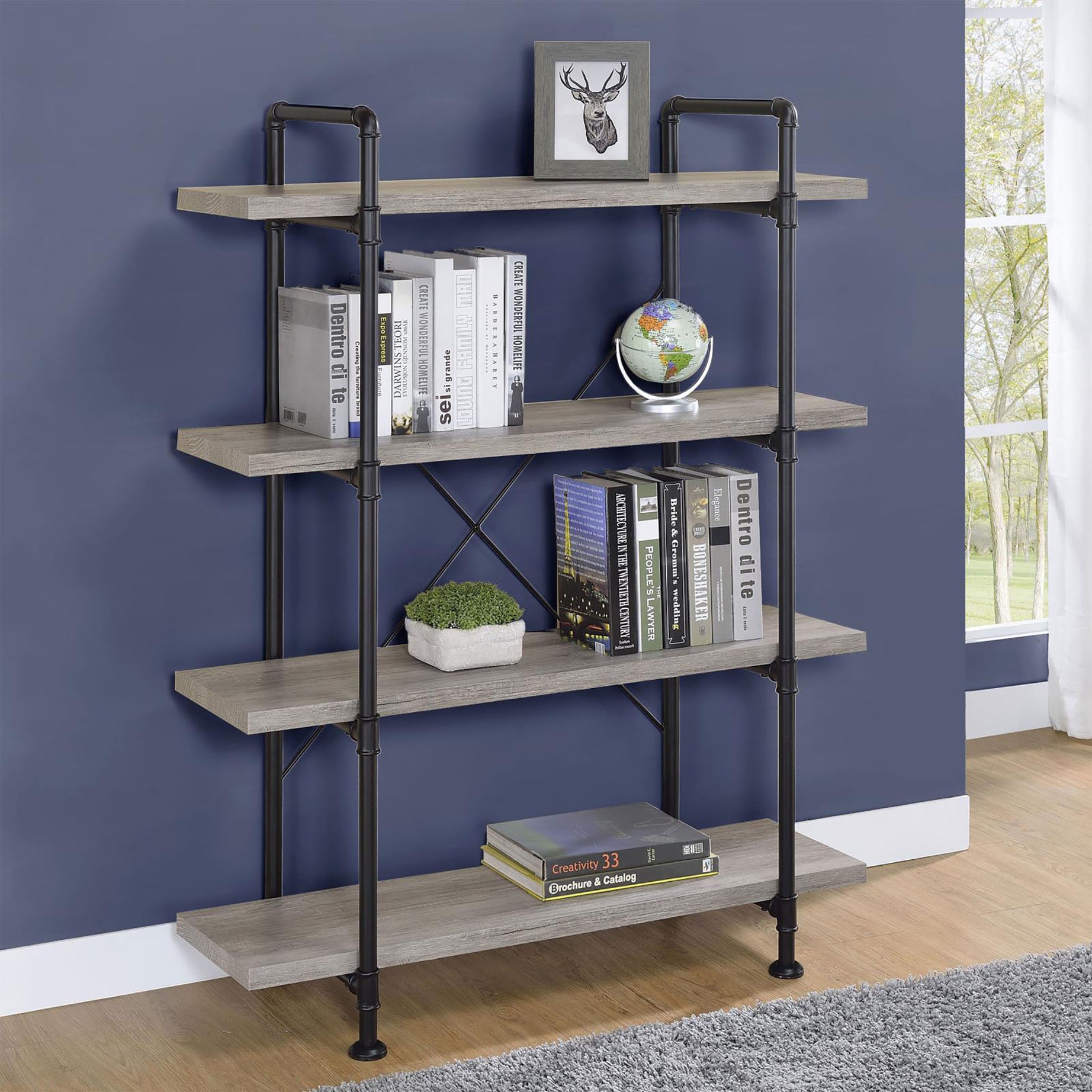 Grey Driftwood and Black 4-Shelf Bookcase--1