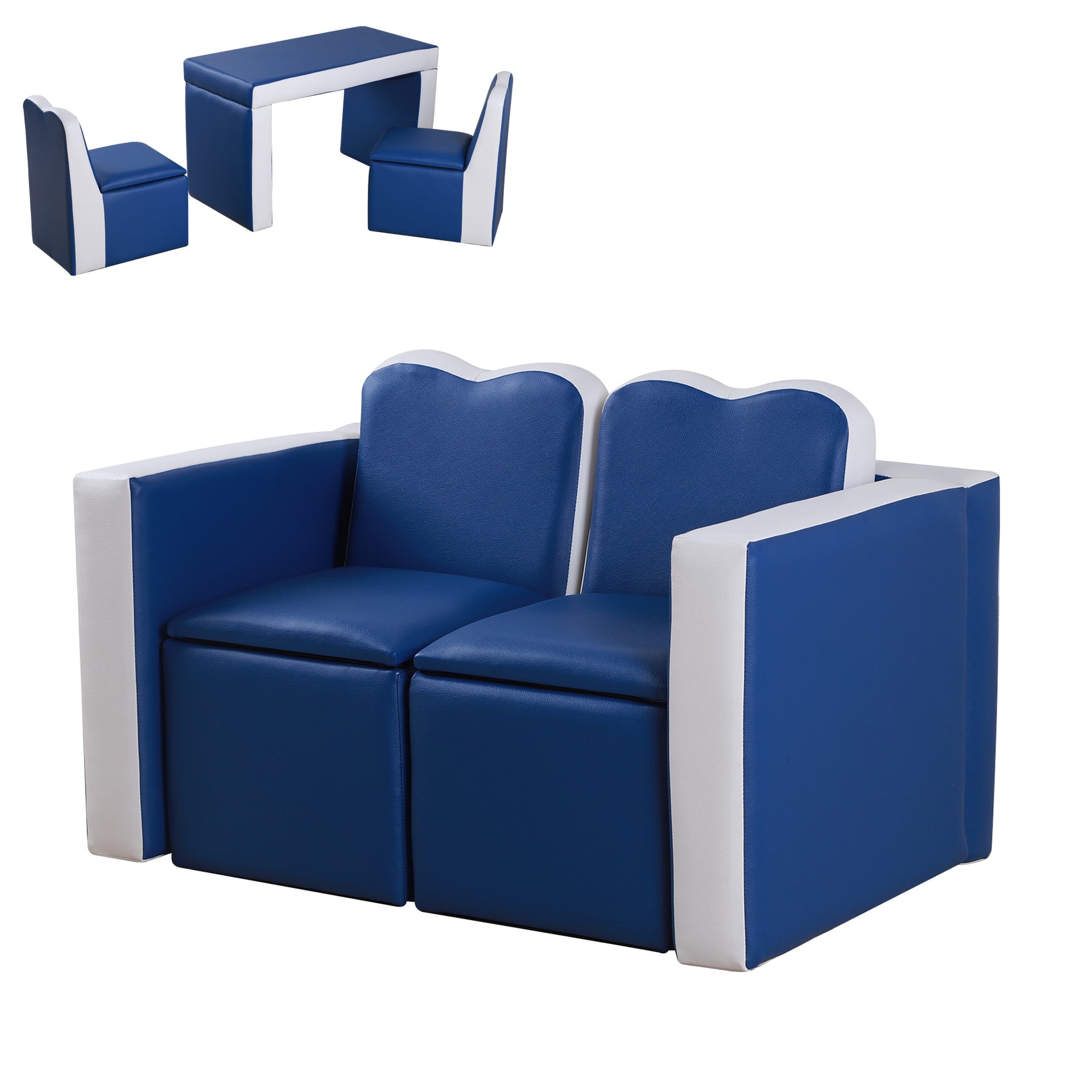 Kids Sofa Set 2-in-1 Multi-Functional Toddler Table Chair Set 2 Seat Couch Storage Box Soft Sturdy Blue--1