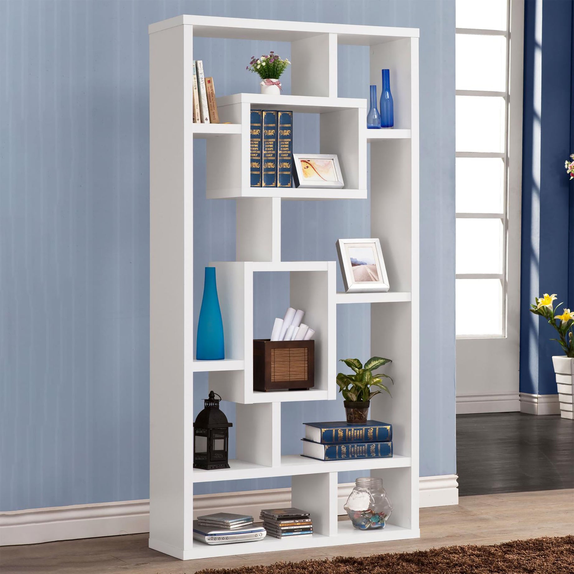 White 10-Shelf Open Back Bookcase--1