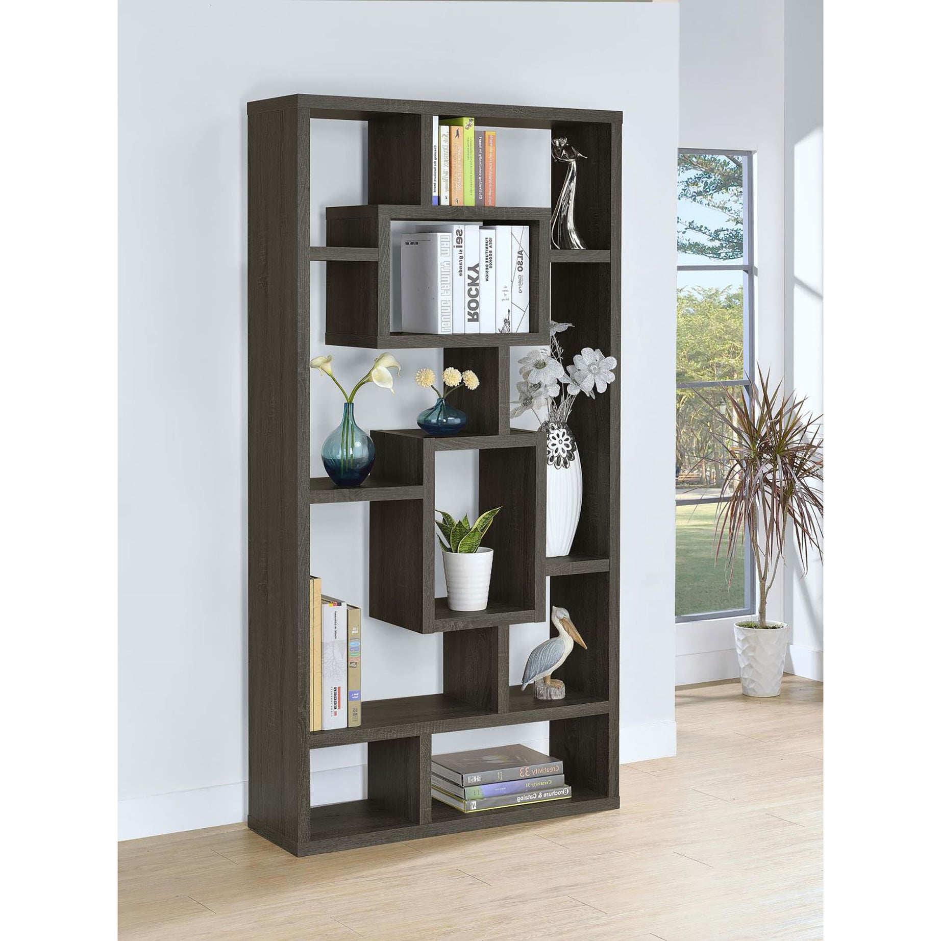 Weathered Grey 10-Shelf Open Back Bookcase--1