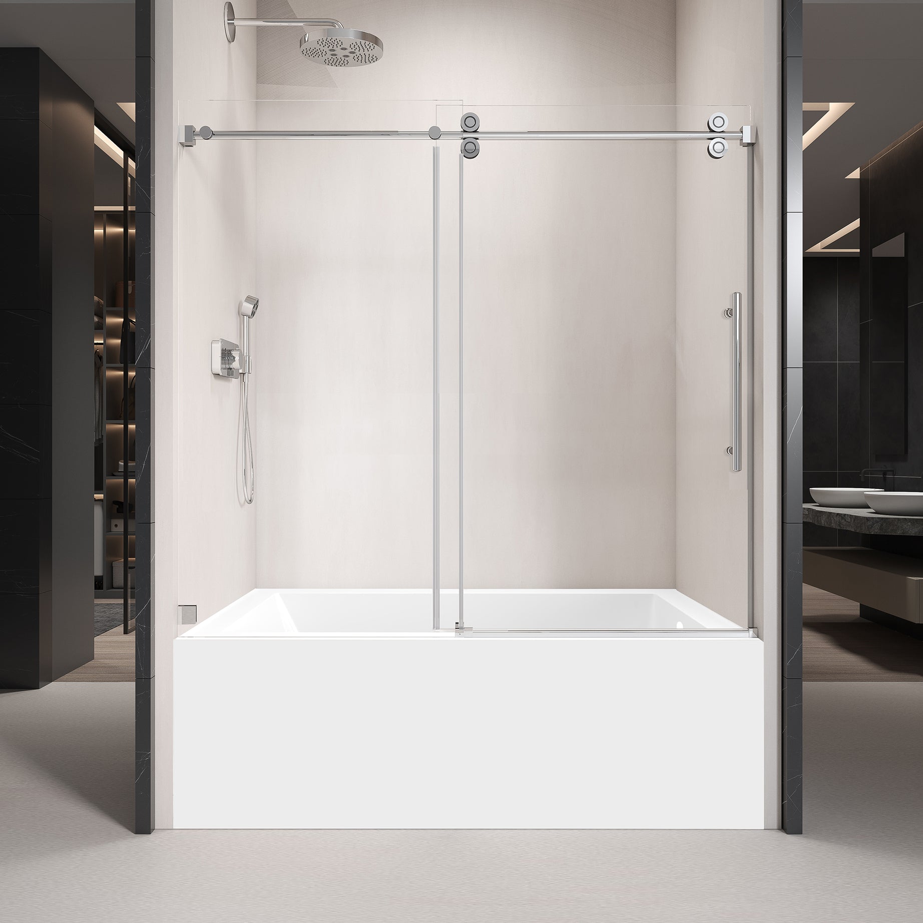 56'' - 60'' W x 66'' H Single Sliding Frameless Tub Shower Door With 3/8 Inch (10mm) Clear Glass in Chrome--1