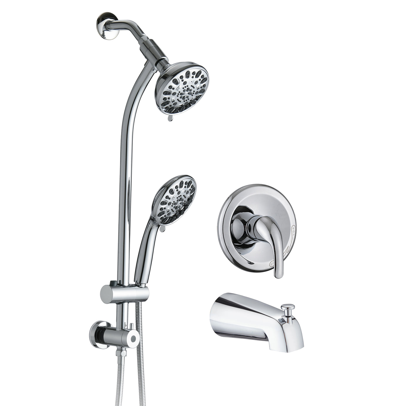 Drill-Free Stainless Steel Slide Bar Combo Rain Showerhead 7-Setting Hand, Dual Shower Head Spa System with Tup Spout (Rough-in Valve Included)--1