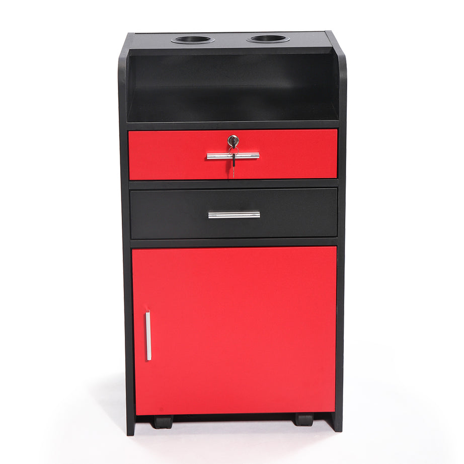 Salon Beauty Cabinet, 3-Layer Rolling Trolley with Storage Drawer, Wheels and 2 Hair Dryer Holders, Black+Red--1