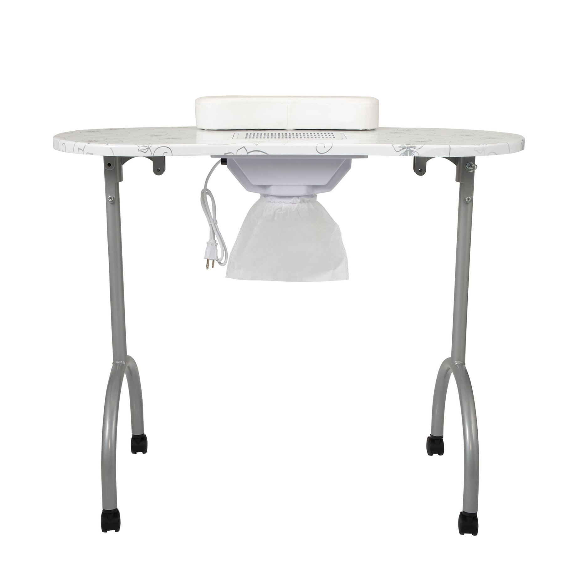 Portable & Foldable Manicure Table Nail Table Desk with Electric Dust Collector, 4 Lockable Wheels, Carry Bag, White--1