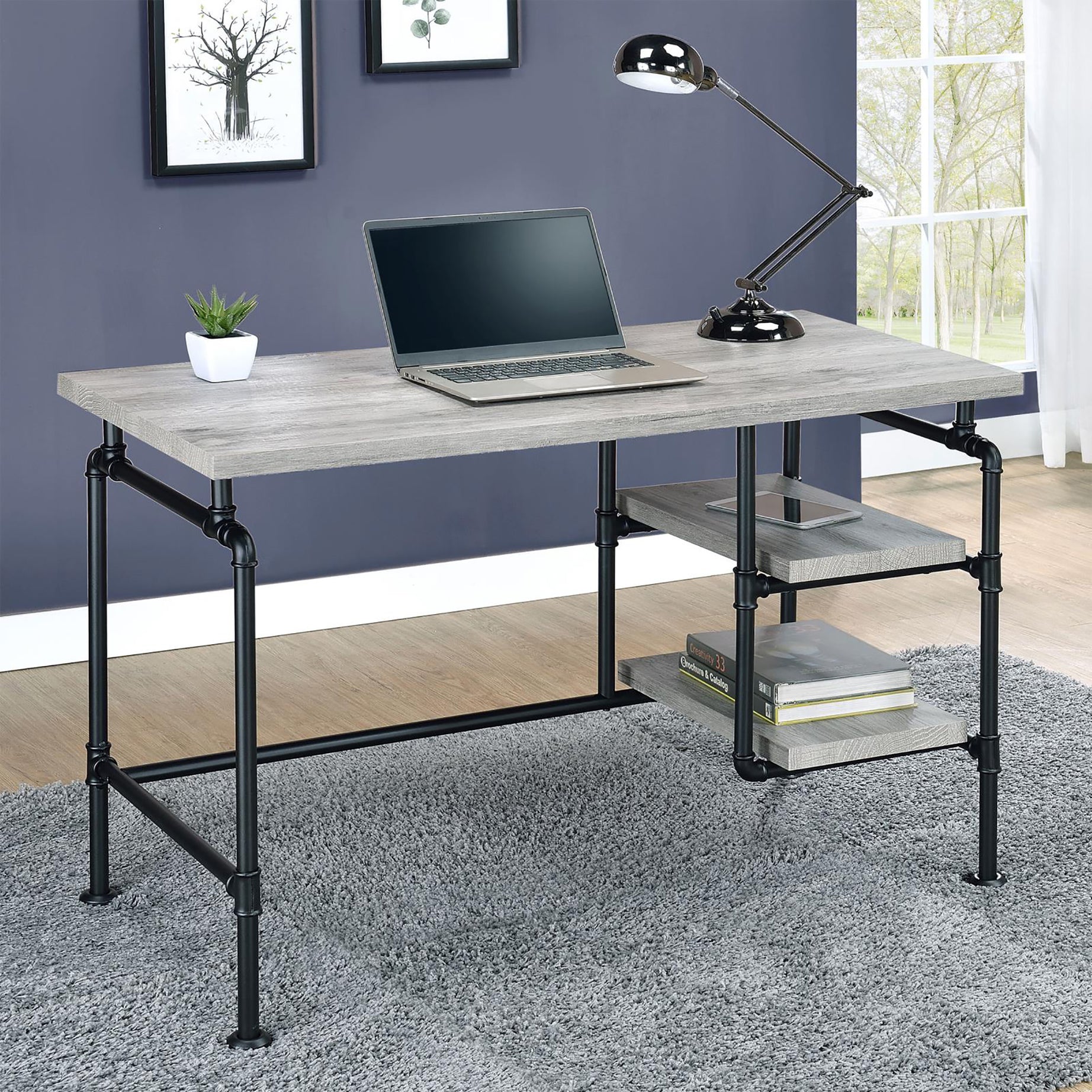 Grey Driftwood and Black 2-Shelf Writing Desk--1