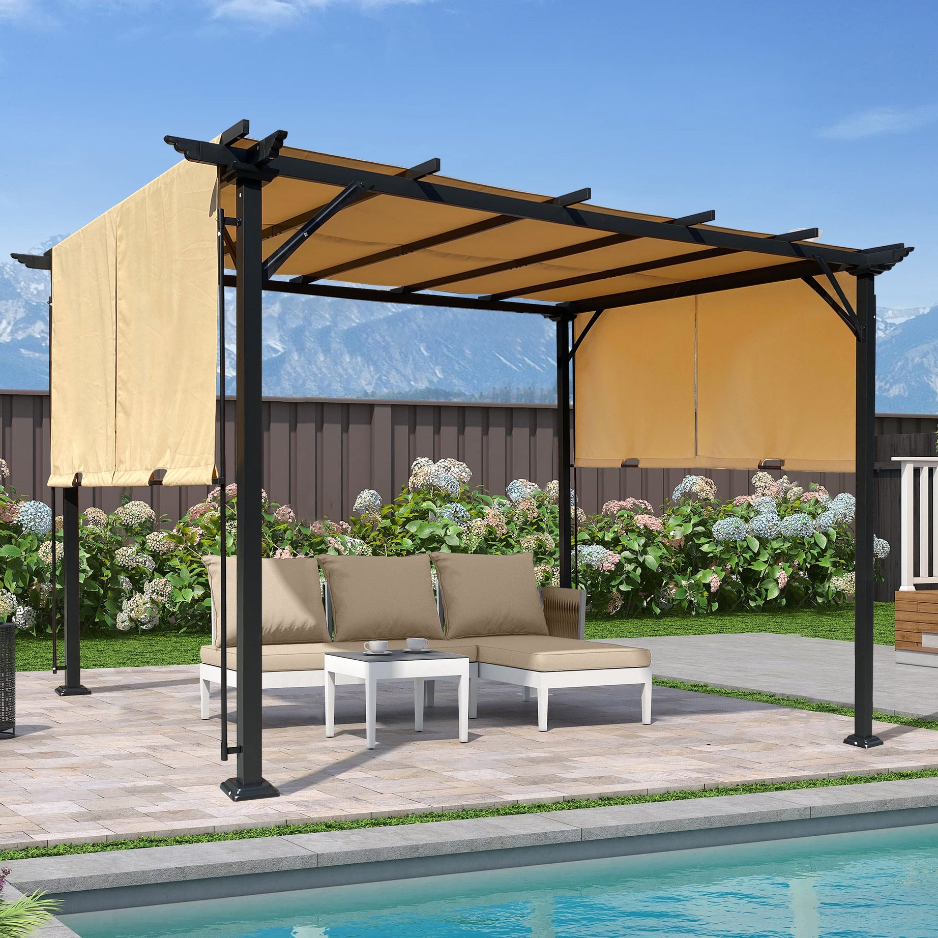 9.5 x 12 Ft Outdoor Pergola Patio Gazebo,Retractable Shade Canopy,Steel  Frame Grape Gazebo,Sunshelter Pergola for Gardens,Terraces,Backyard-Khaki--1