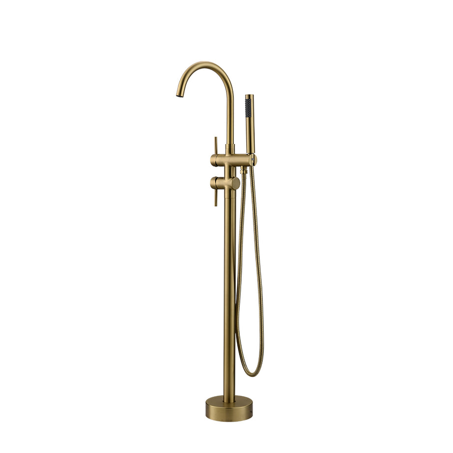 Single Handle Freestanding Tub Filler Floor Mount Bathtub Faucet with Handheld Shower (Brushed Gold)--1