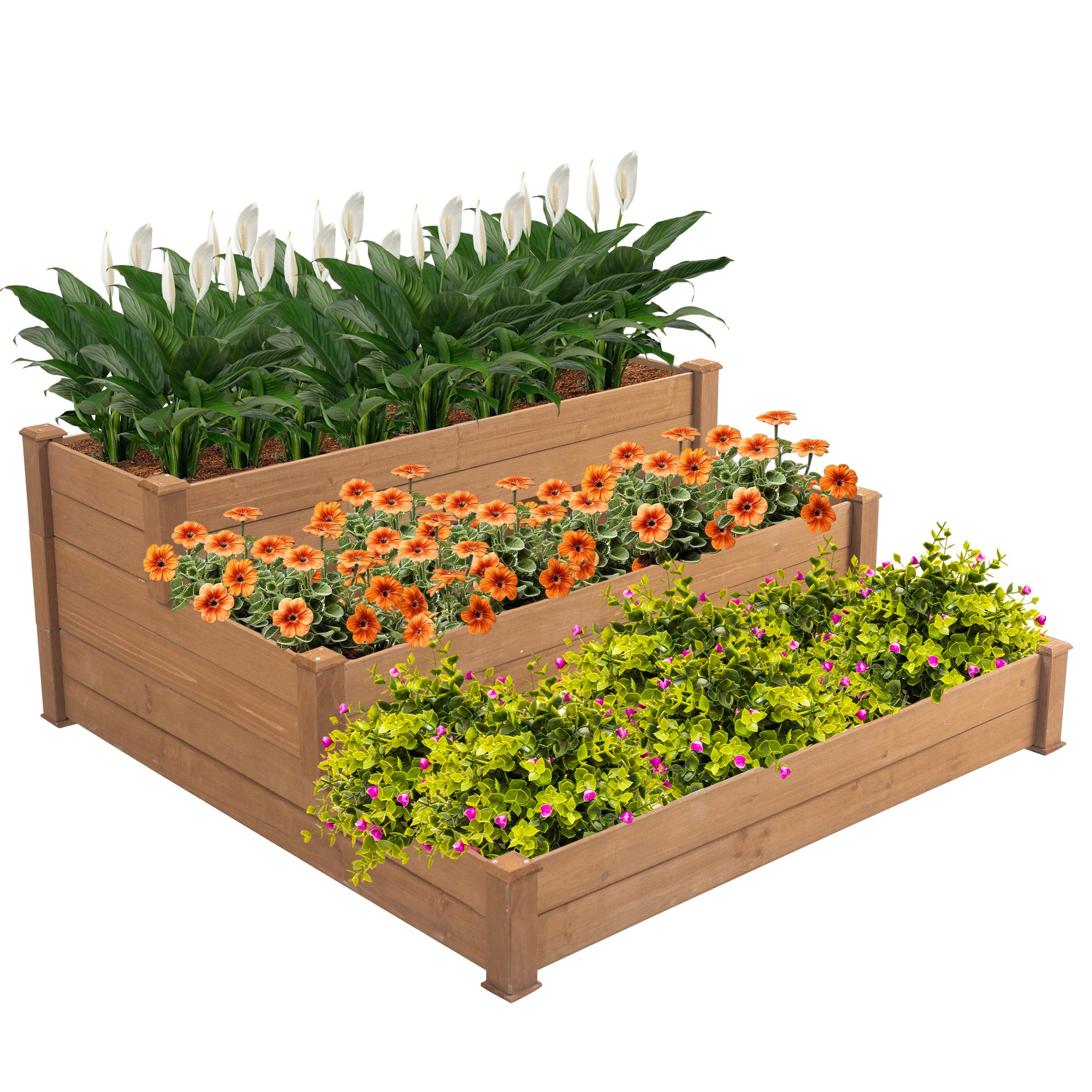 48.6 x 48.6 x 21in Raised Garden Bed Horticulture Outdoor Elevated Flower Box Tiered Garden Bed Wooden Vegetables  Brown--1