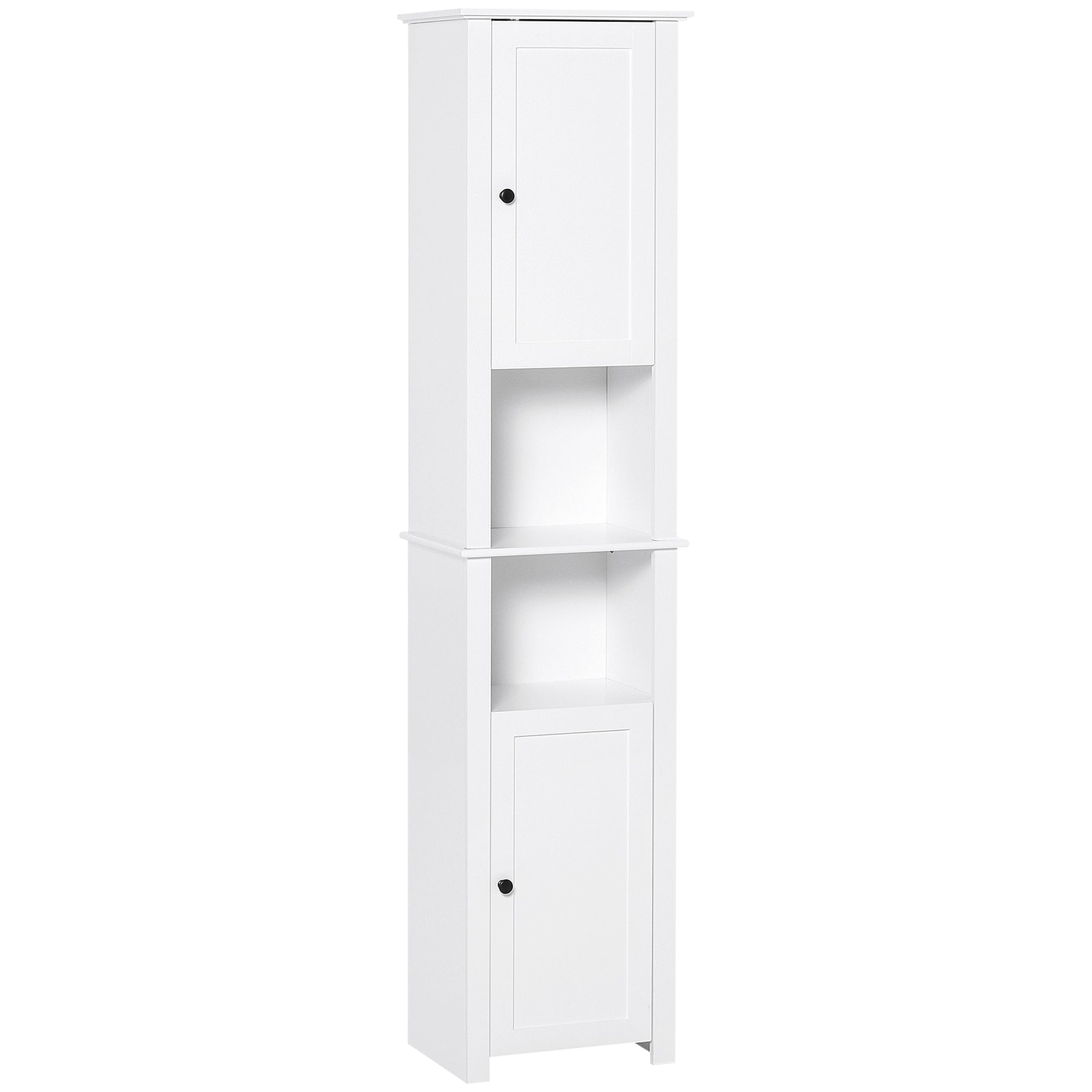 HOMCOM Tall Bathroom Storage Cabinet, Freestanding Linen Tower with 2-Tier Shelf and 2 Cabinets, Narrow Side Floor Organizer, White--1