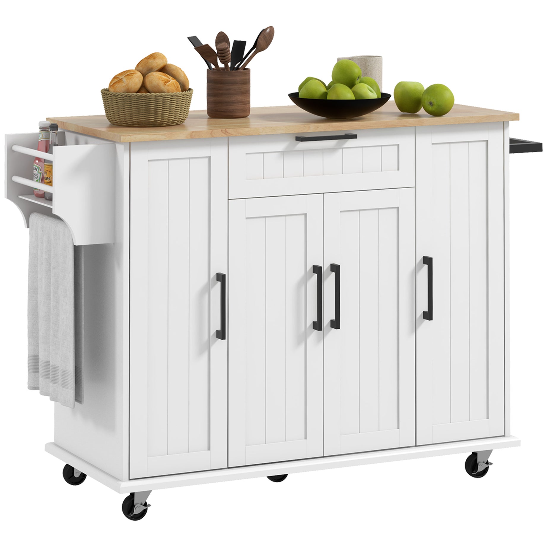 HOMCOM Kitchen Island on Wheels, Rolling Kitchen Cart with Rubberwood Top, Drawer, Spice Rack, Towel Rack, Storage Cabinet with Inner Adjustable Shelves, White--1