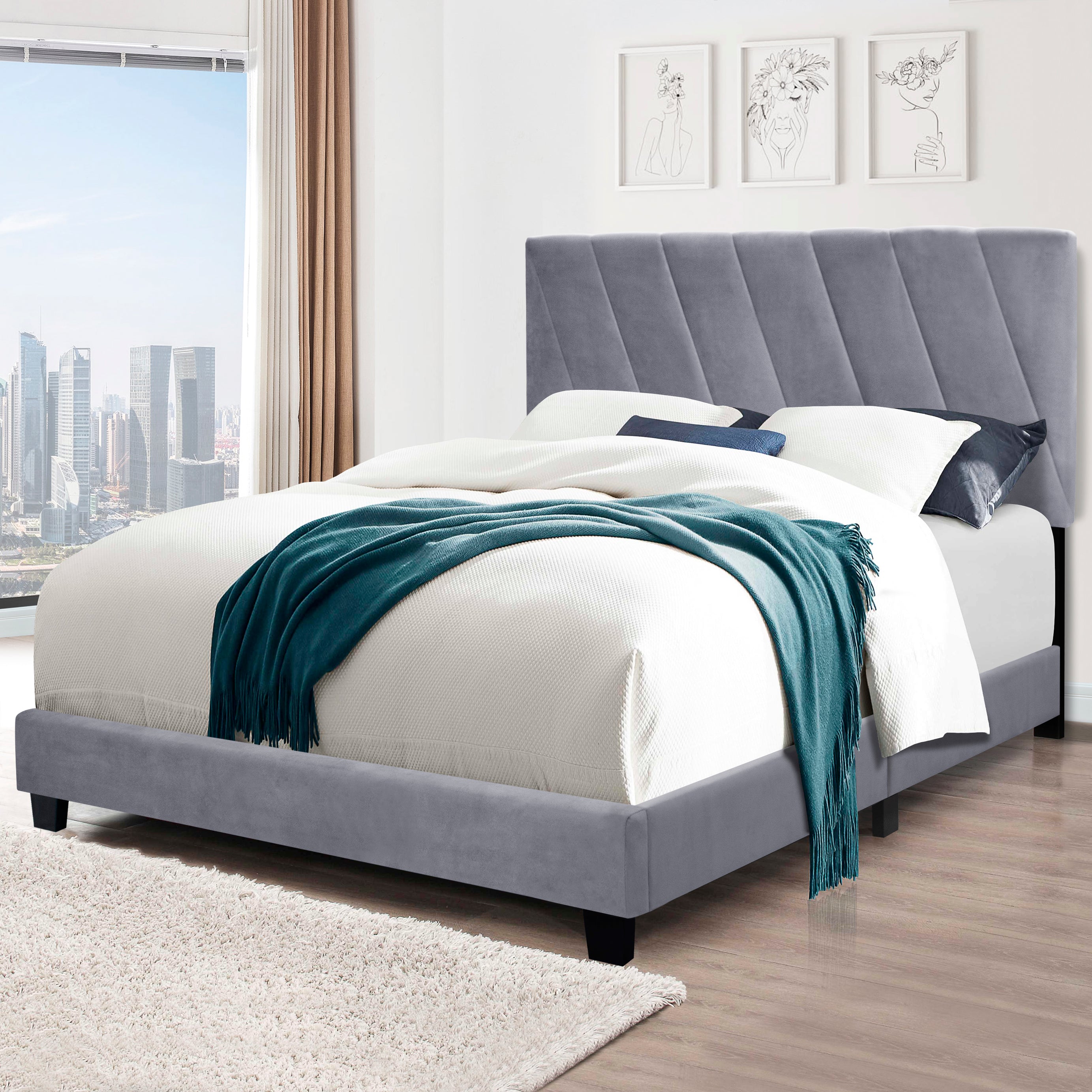 GRAY QUEEN SIZE ADJUSTABLE UPHOLSTERED BED STAIN RESISTANT AND DURABLE, MODERN STYLE--1