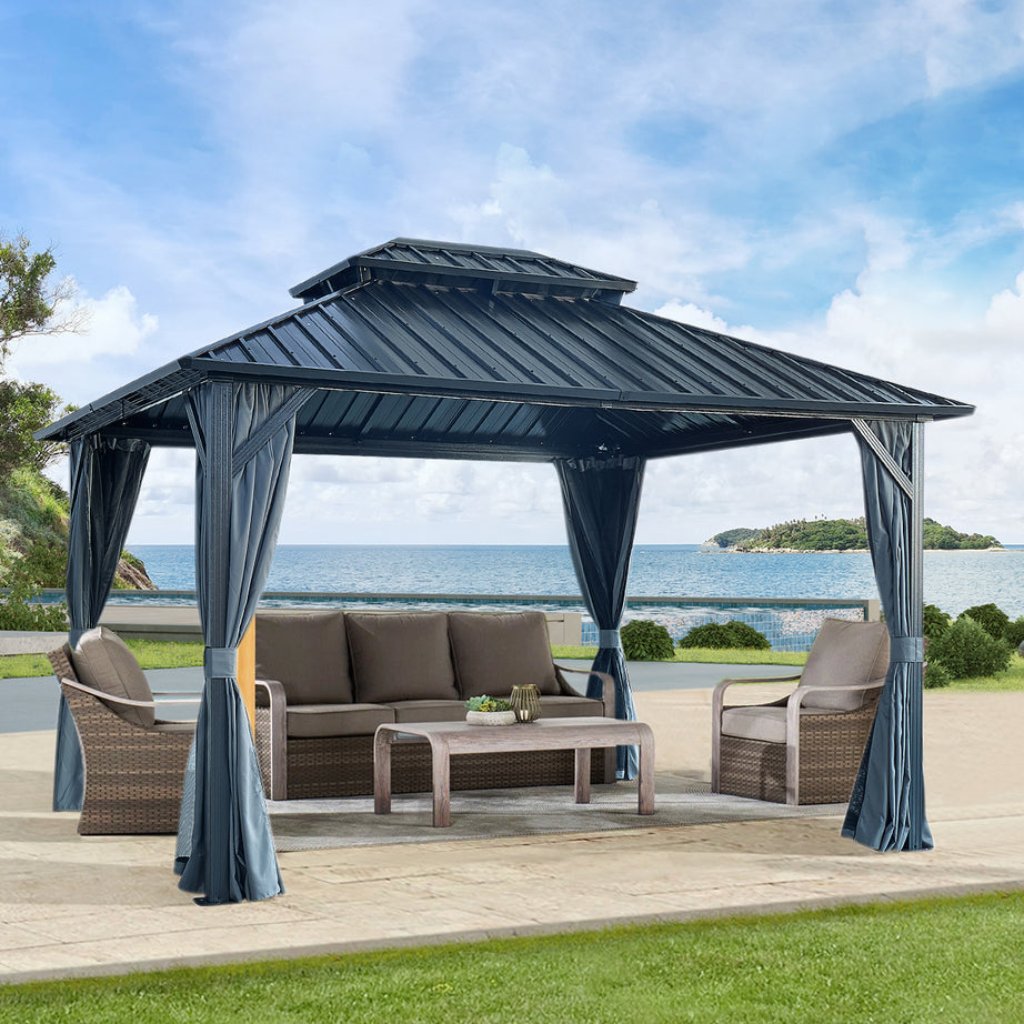 12x12ft Gazebo Double Roof Canopy with Netting and Curtains, Outdoor Gazebo 2-Tier Hardtop Galvanized Iron Aluminum Frame Garden Tent for Patio, Backyard, Deck and Lawns--1