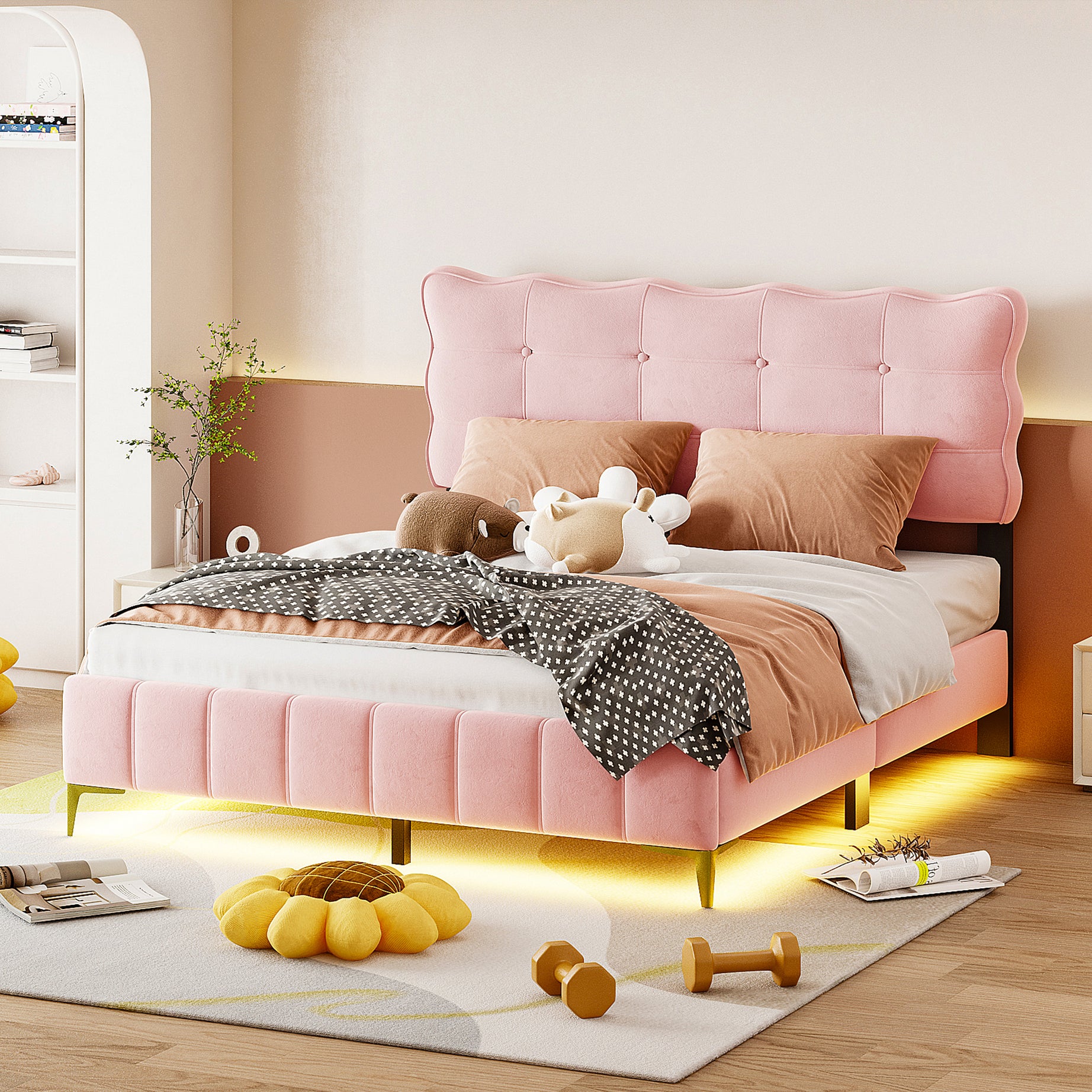 Queen Size Velvet Platform Bed with LED Frame and Stylish Mental Bed Legs, Pink--1