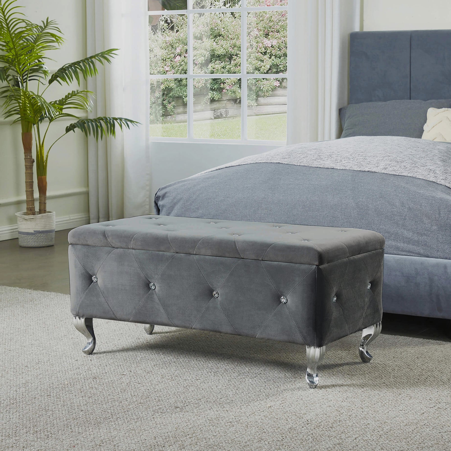 Tufted Storage Ottoman Bench For Bedroom End Of Bed Large Upholstered Storage Benches Footrest With Crystal Buttons For Living Room Entryway (Grey)--1