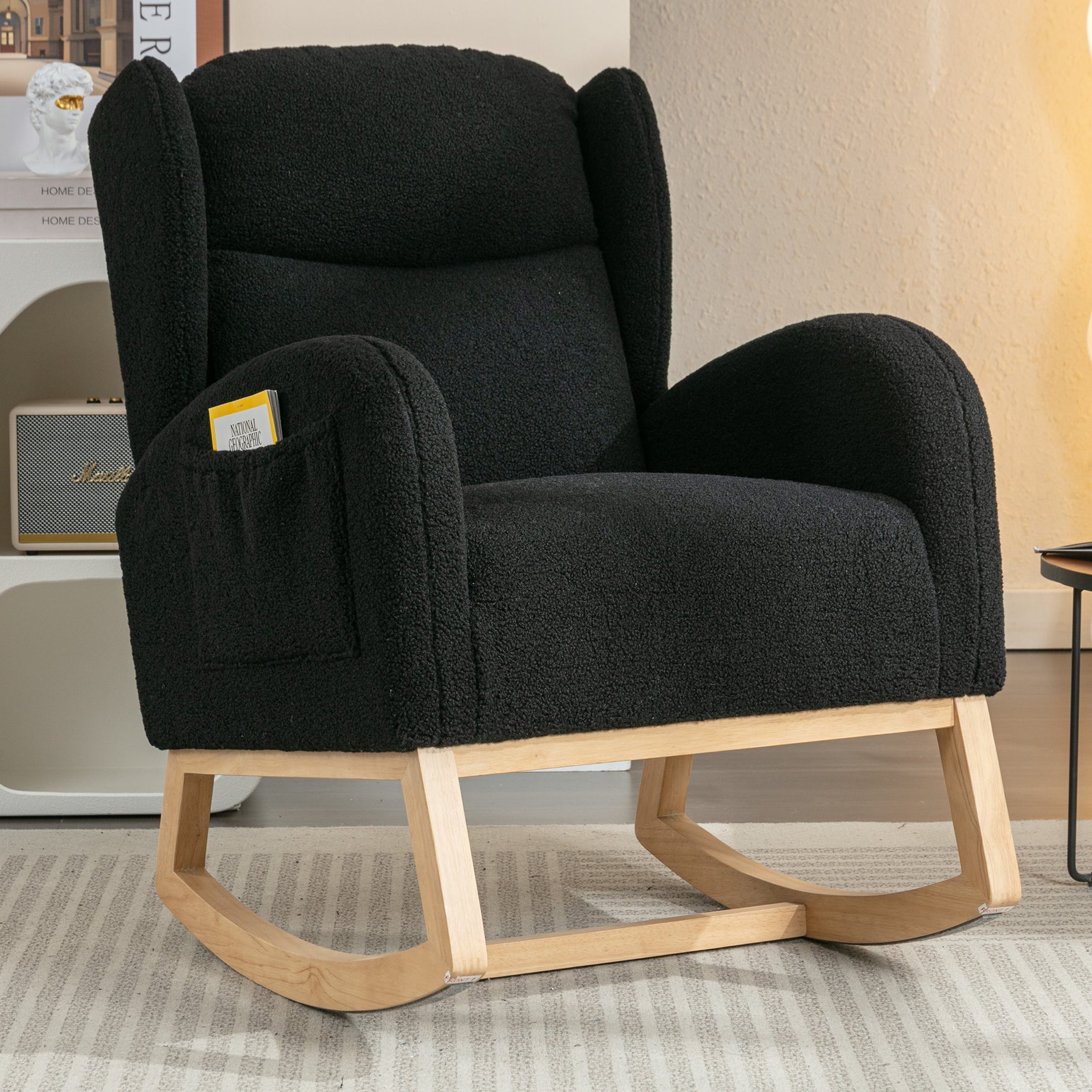 049-Teddy Fabric Rocking Chair With Packet Wood Legs,Black--1