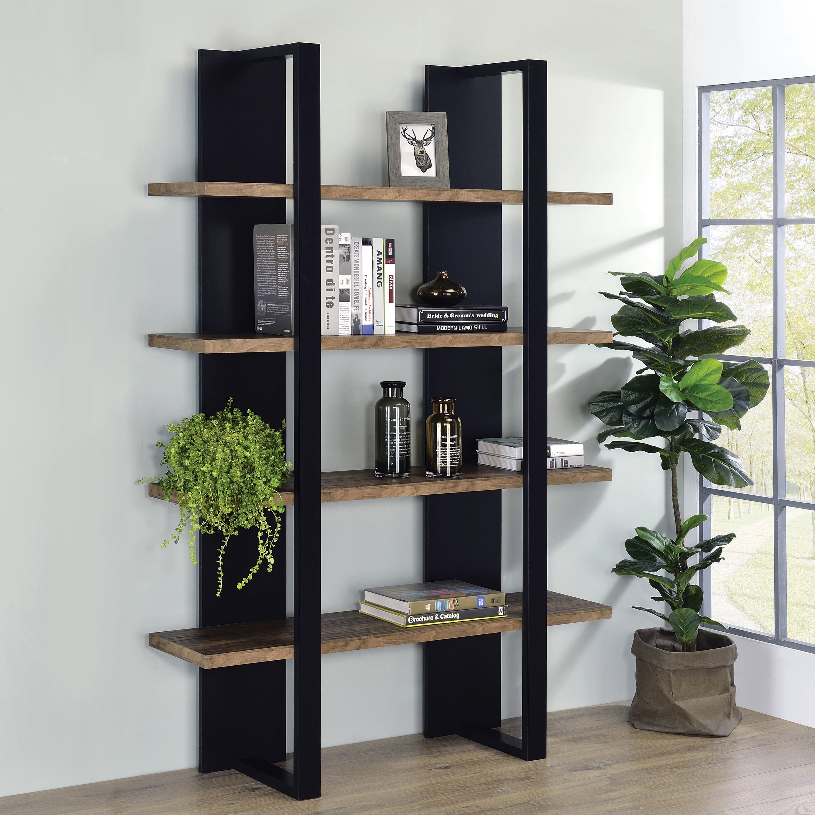 Mystrene Black and Walnut 4-Shelf Bookcase--1