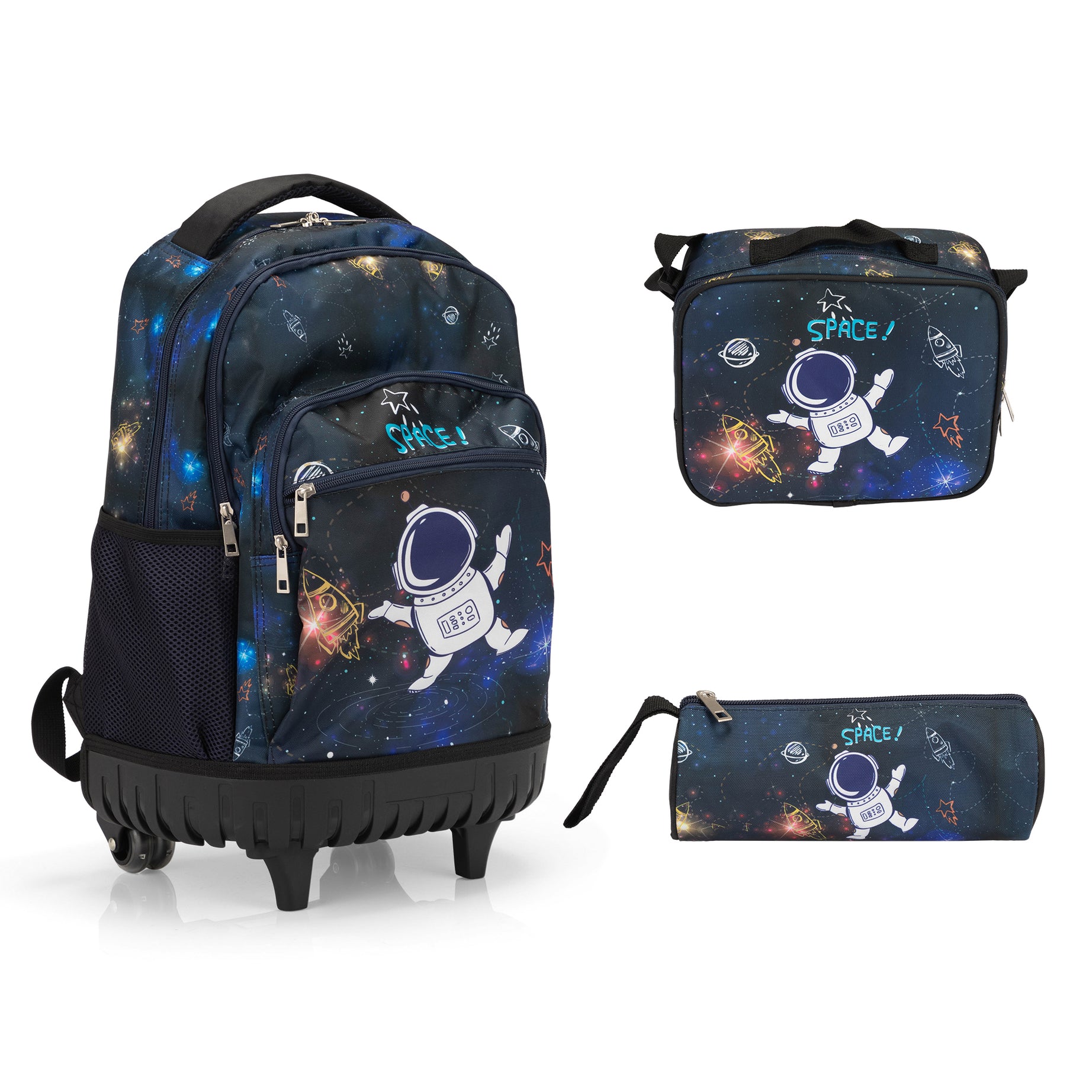 20-Inch 3PCS Kids Rolling Luggage Set, Trolley Backpack with Lunch Bag and Pencil Case for Girls / Boys, Suitcase with Astronaut Pattern--1