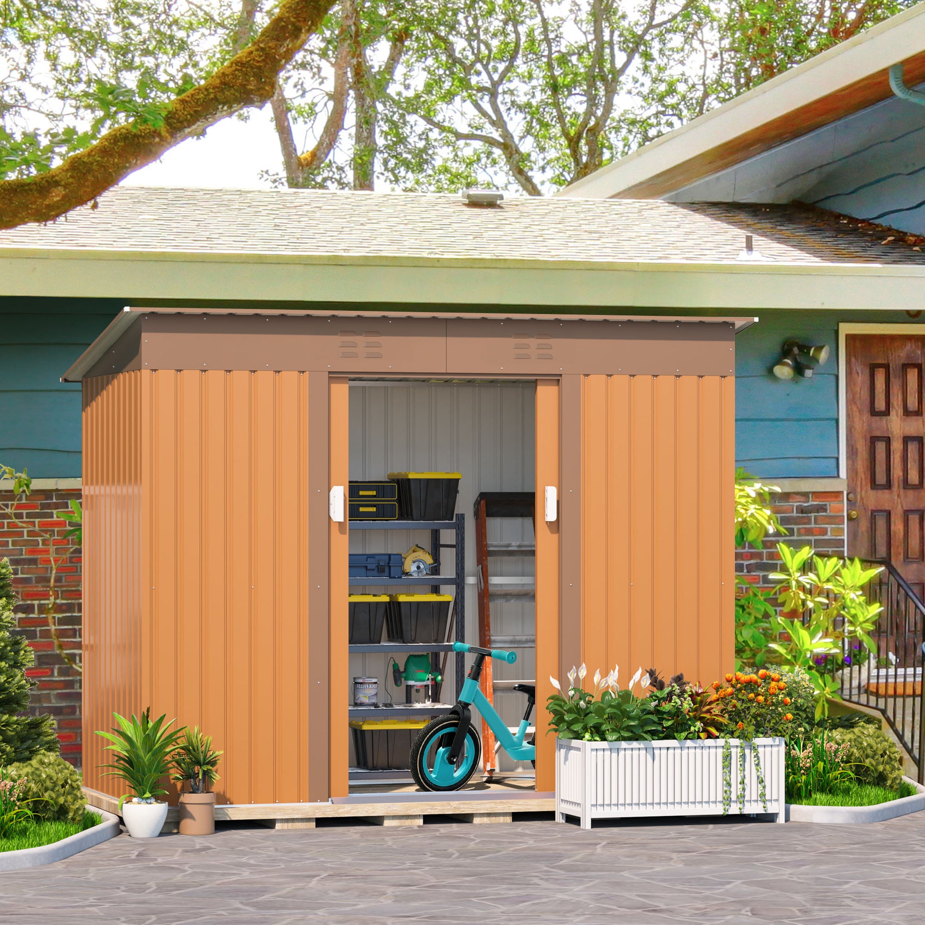 4.2 x 9.1 Ft Outdoor Storage Shed, Metal Tool Shed with Lockable Doors Vents, Utility Garden Shed for Patio Lawn Backyard,Brown--1