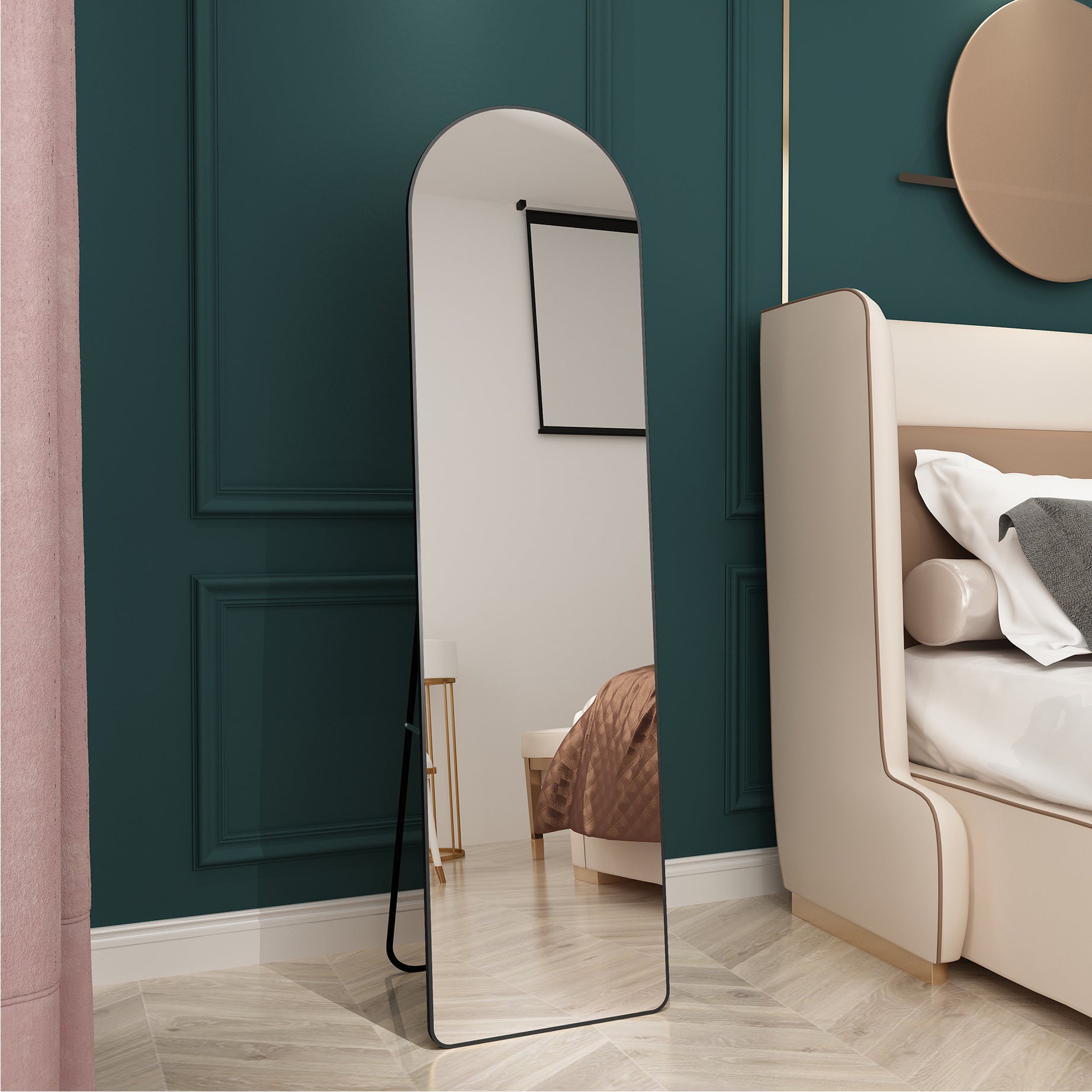 The 4st generation of floor mounted full length mirrors. Aluminum alloy metal frame arched wall mirror, bathroom makeup mirror, bedroom porch, clothing store, wall mounted.Black 59.8 "*16.5"W115112560--1